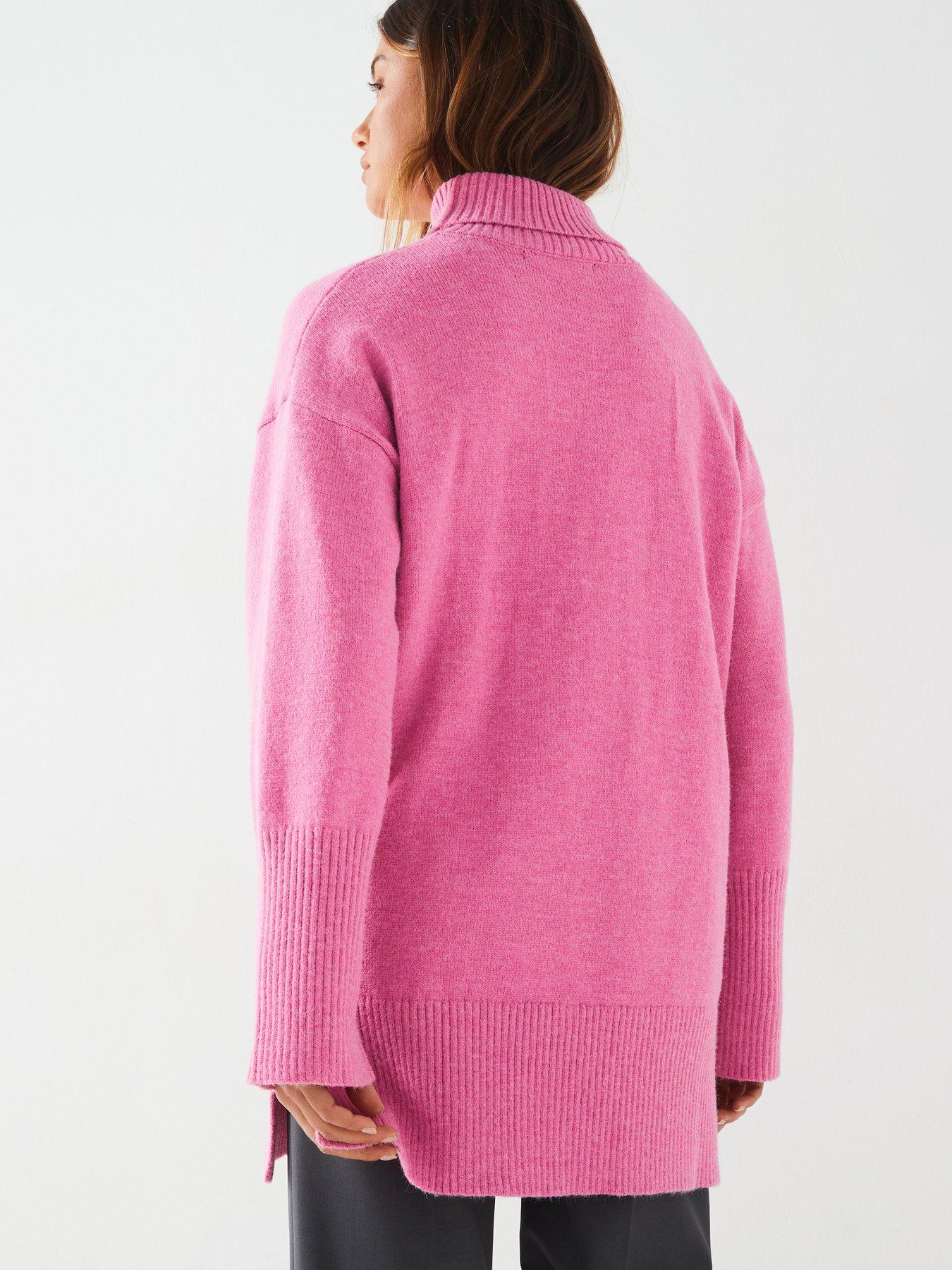 Roll Neck Deep Rib Longline Jumper Pink