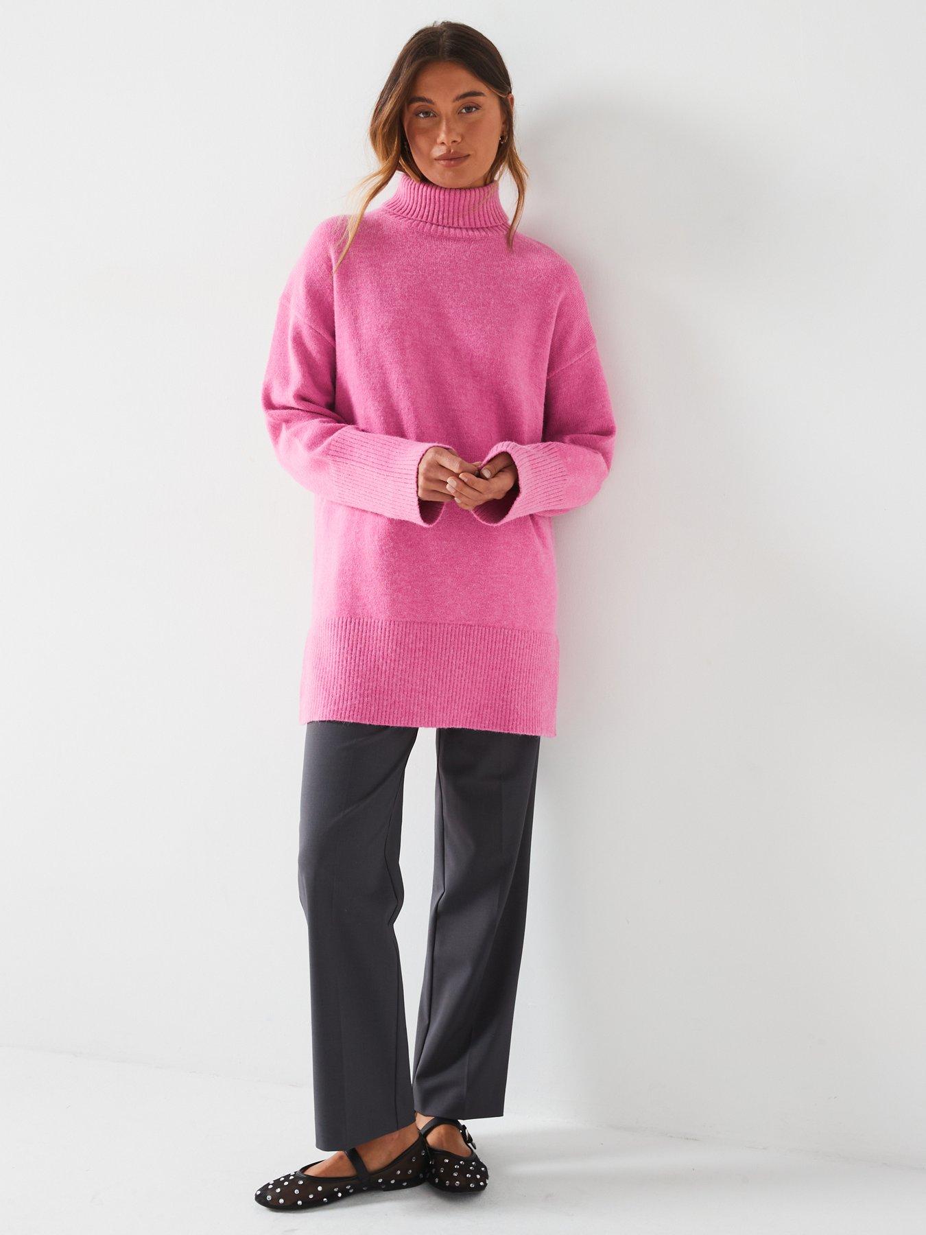 V by Very Roll Neck Deep Rib Longline Jumper Pink Very