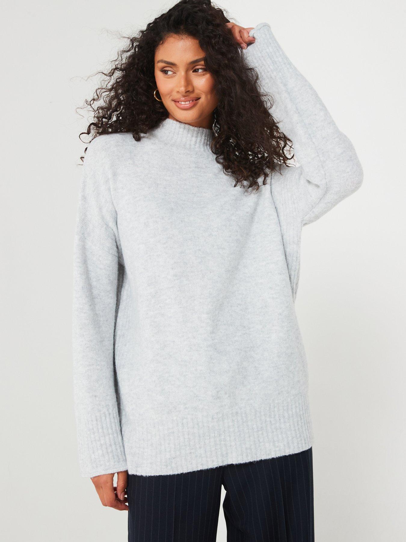 undefined Funnel Neck Seam Detail Longline Jumper - Light Grey