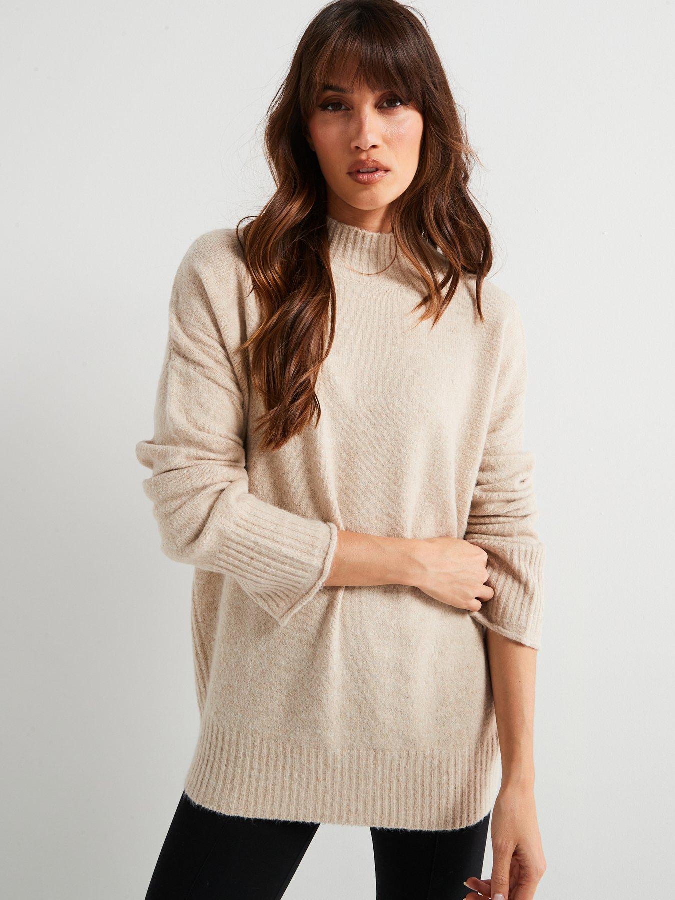 undefined Funnel Neck Seam Detail Longline Jumper - Beige