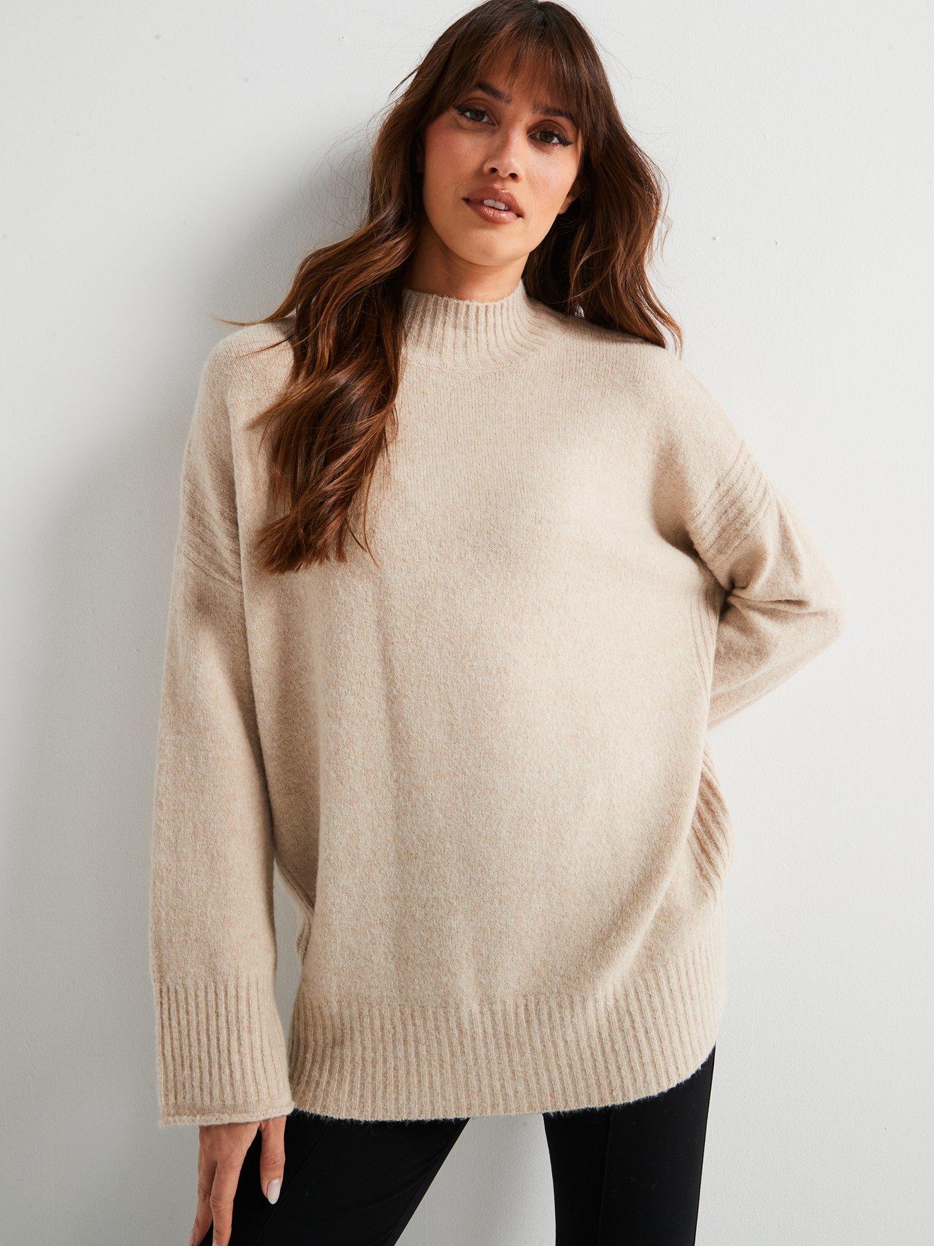 V by Very Funnel Neck Seam Detail Longline Jumper Beige Very