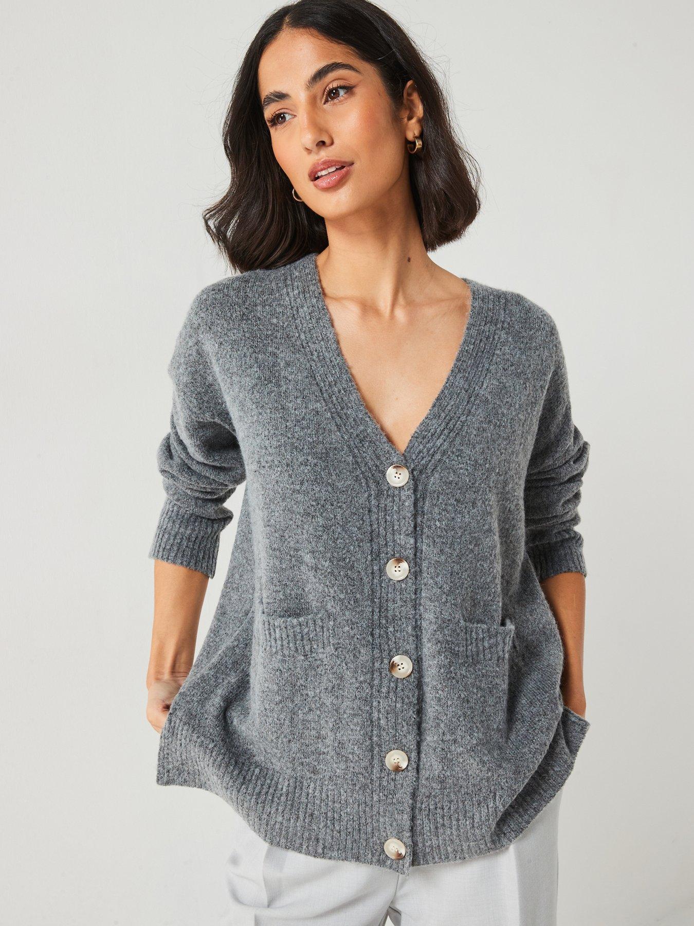 undefined Relaxed Rib Detail Cardigan - Grey