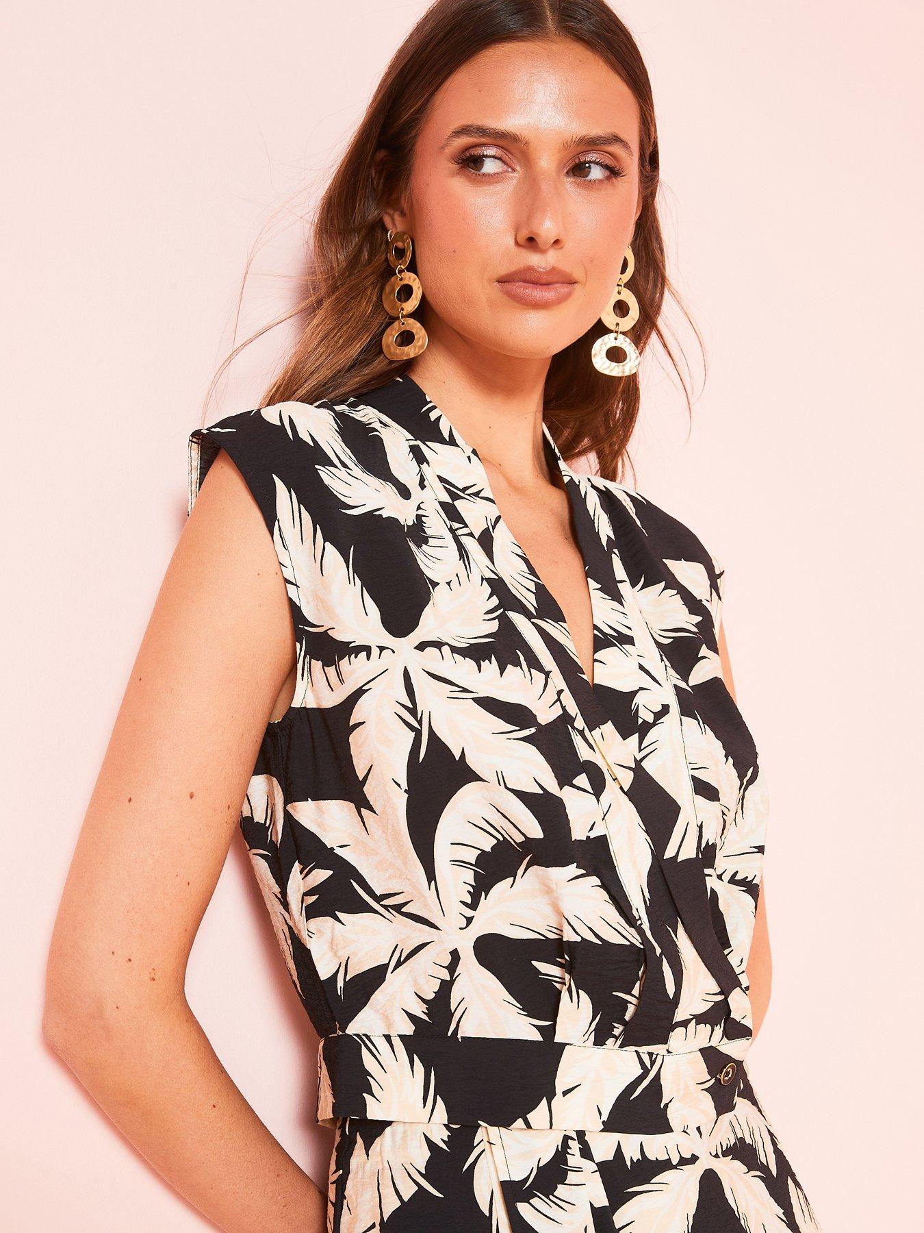 undefined Leaf Print Wrap Sleeveless Blouse - Black/White