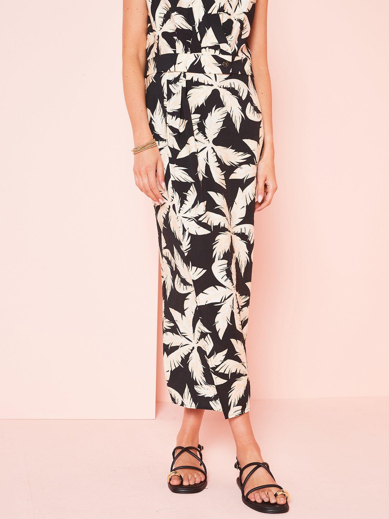 v by very leaf print midi skirt - black/white, print, size 14, women