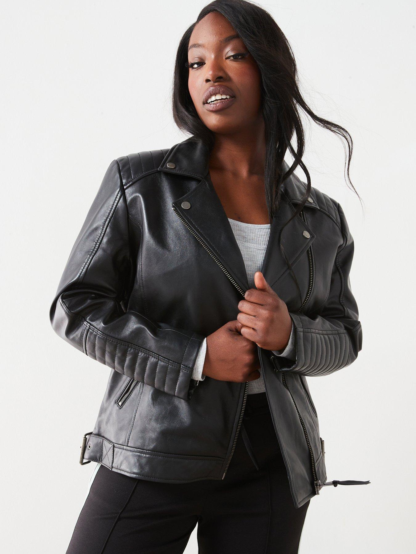 V by Very Curve Quilted Detail Leather Jacket Black Very