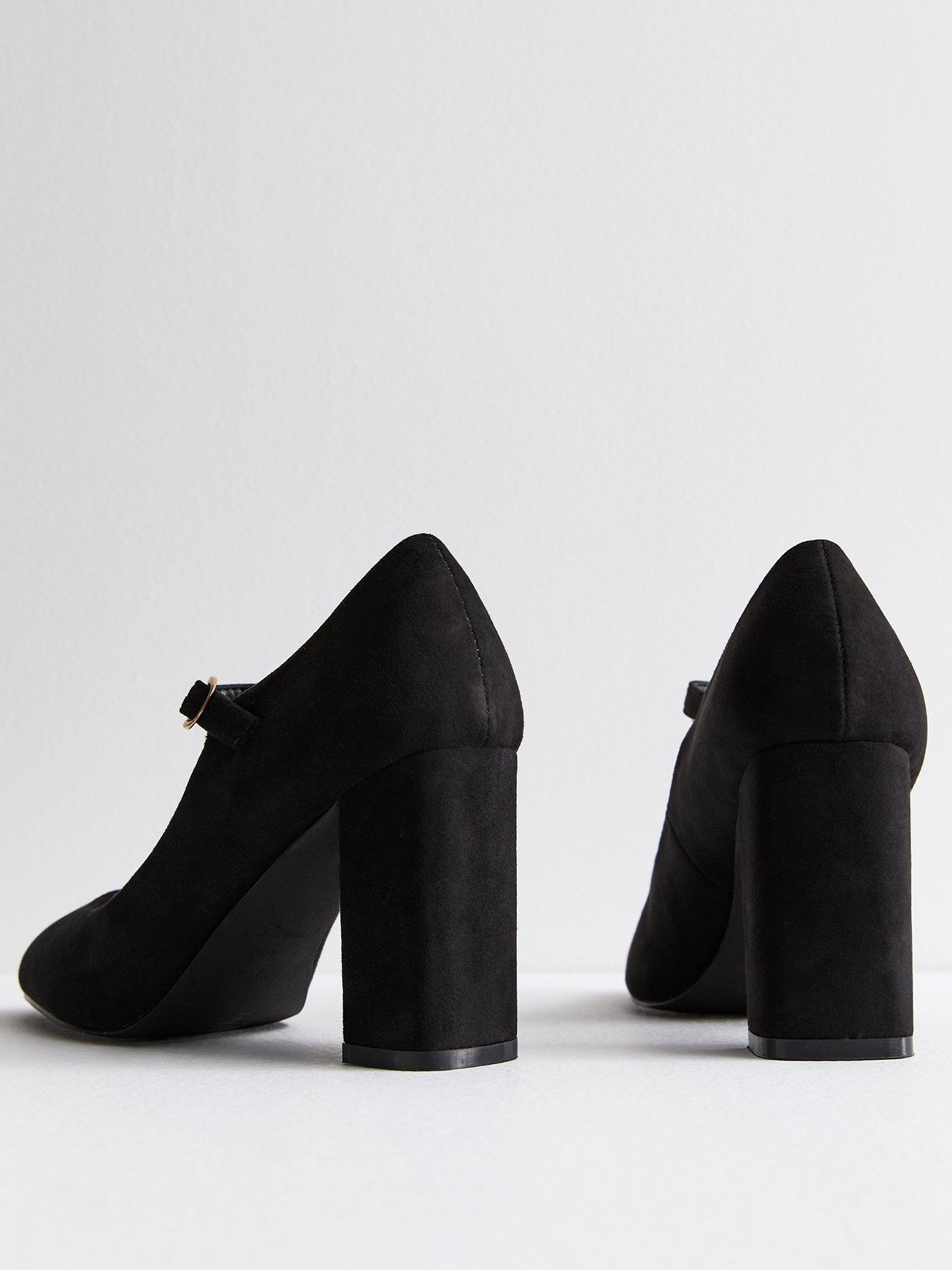 Black Suedette Mary Jane Block Heel Court Shoes