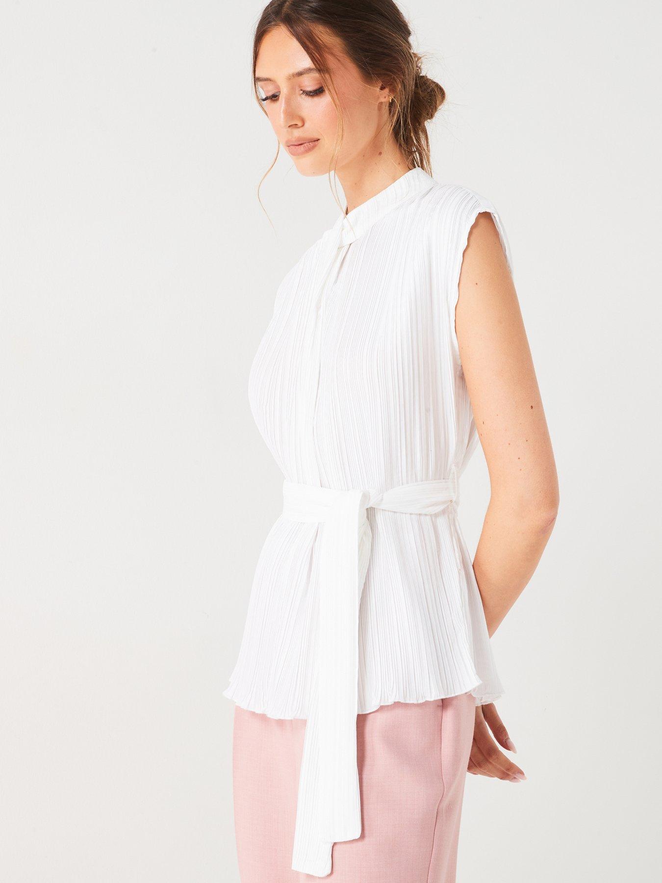 undefined Plisse Tie Waist Blouse - White