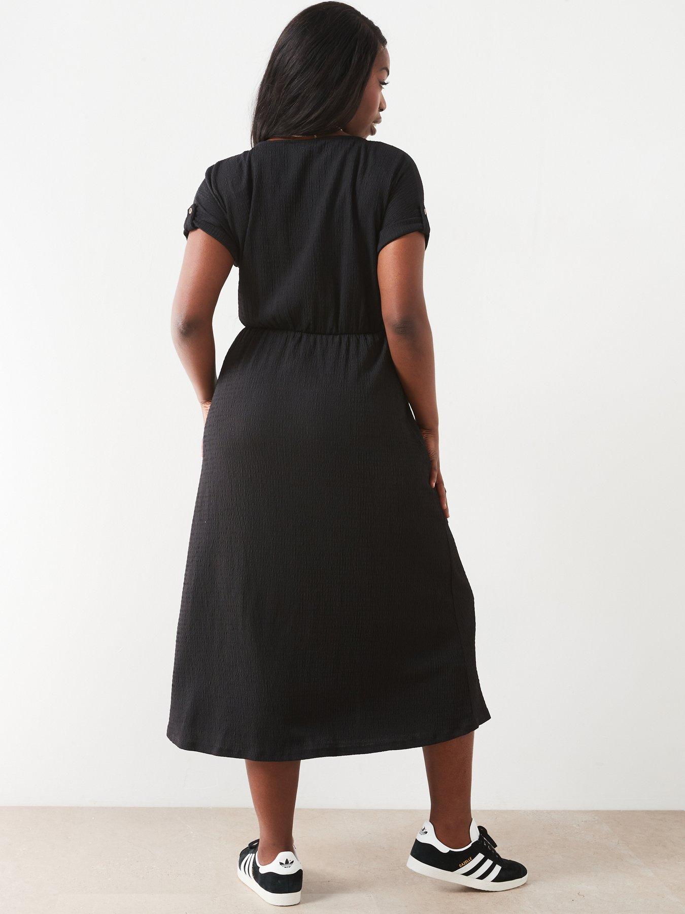 Image 2 of 4 of V by Very Curve Jersey Crinkle Button Through Midi Dress - Black