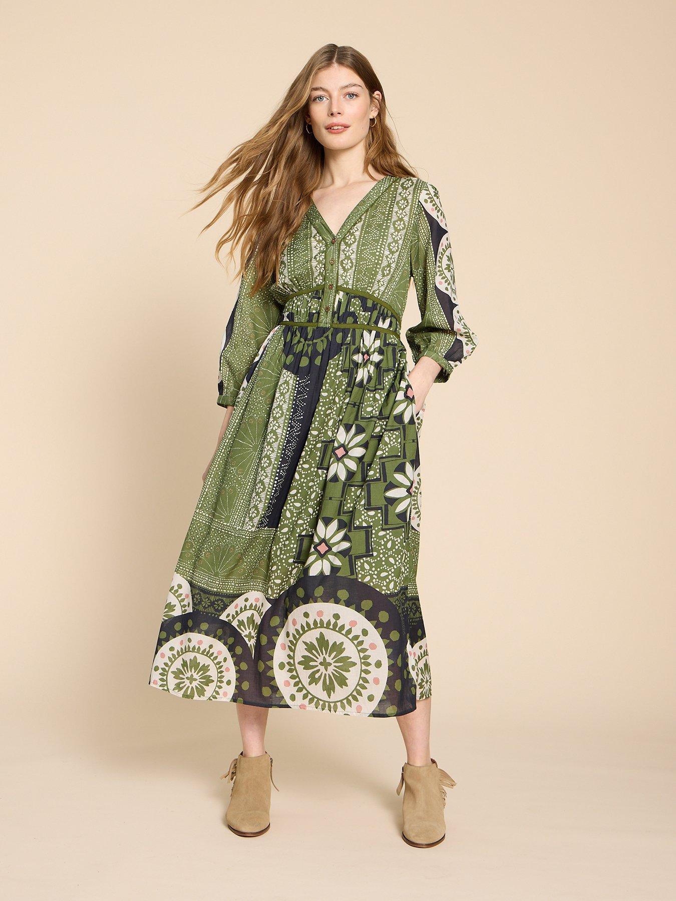 White Stuff Cotton blend Mosaic Print Blouson Sleeve Midi Dress Very