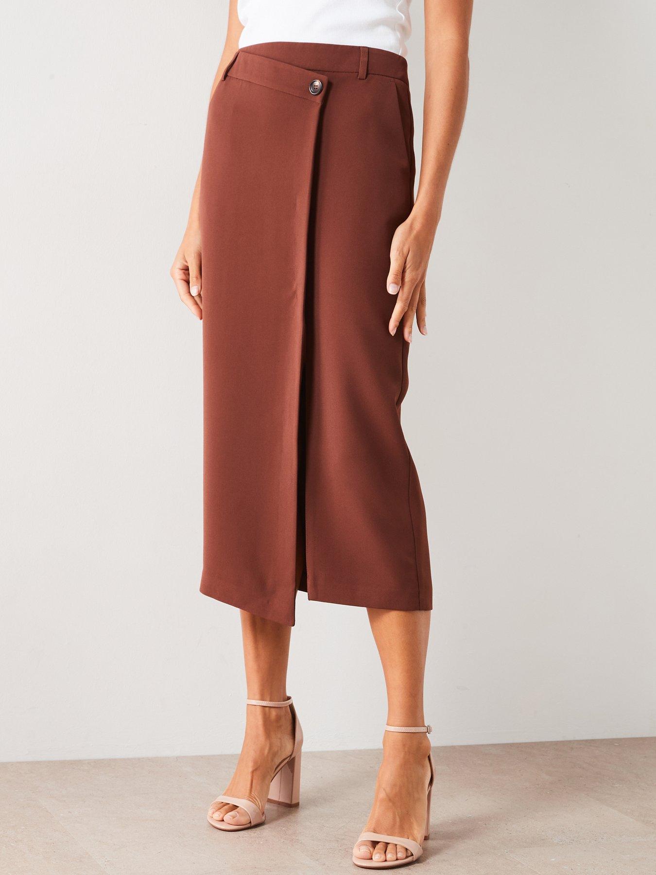 undefined Asymmetrical Wrap Pencil Skirt - Brown