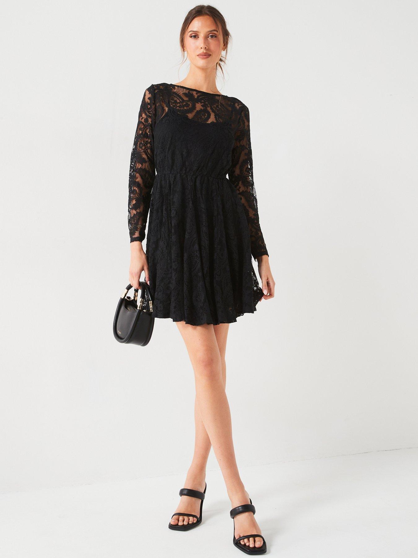 Black lace skater dress long sleeve hotsell