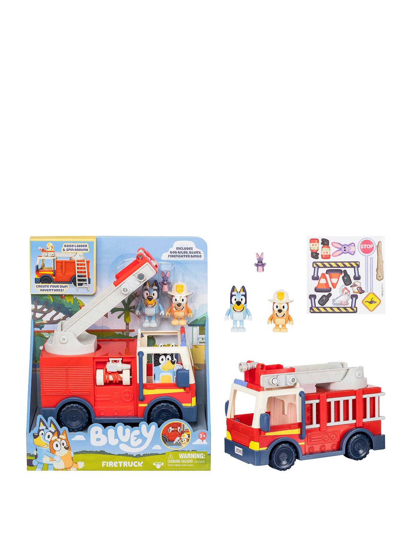 Bluey Firetruck Incl Bob Bilby, And Firefighter Bingo Raise Ladder & Spin, Retractable Hose, Bingo Fits On Top Of Ladder, Inc Sticker Sheet