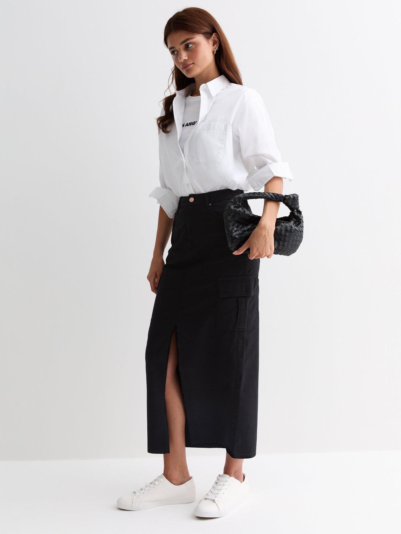 Black High Waist Split Front Cargo Maxi Skirt