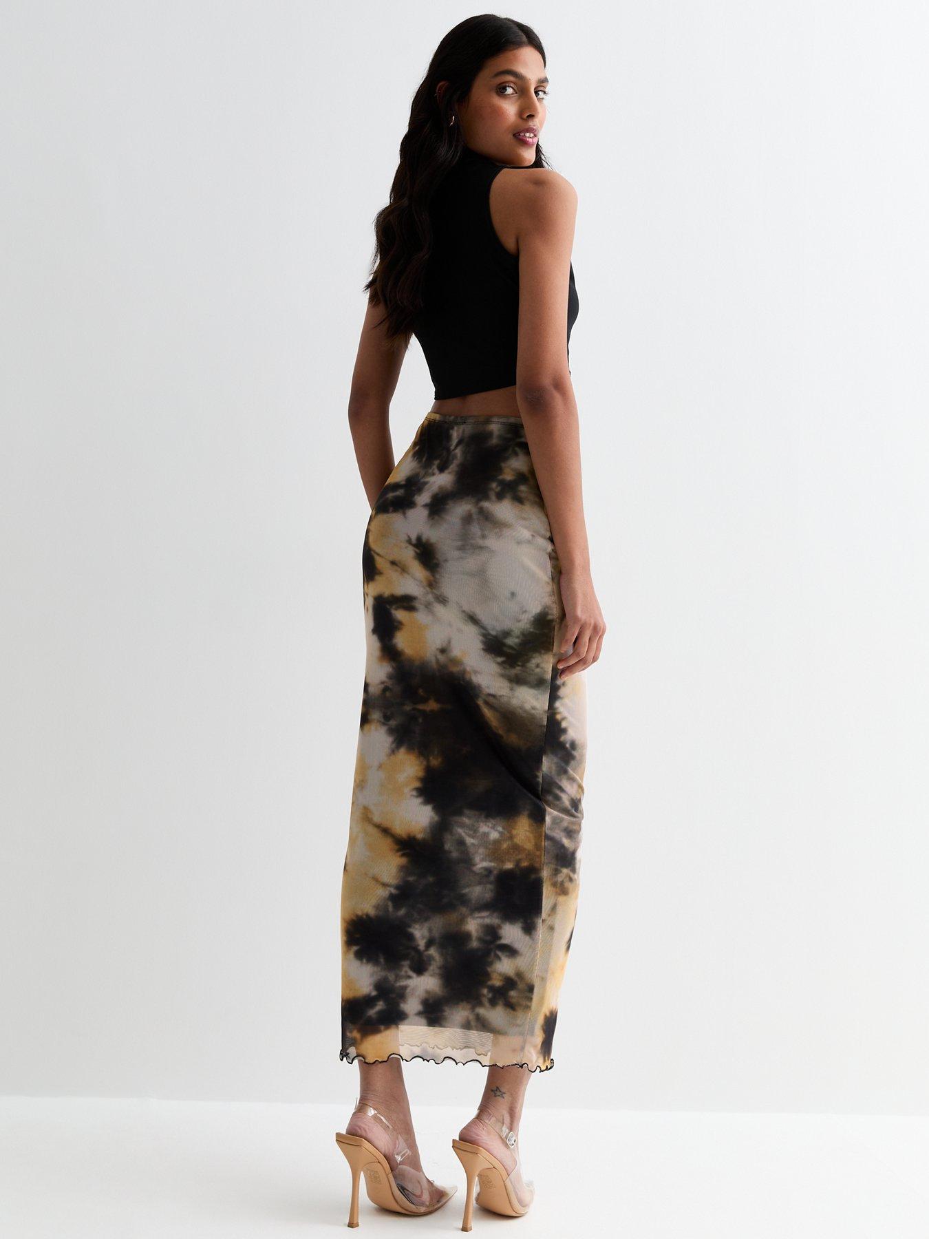 New Look Black Tie Dye Mesh Midi Skirt