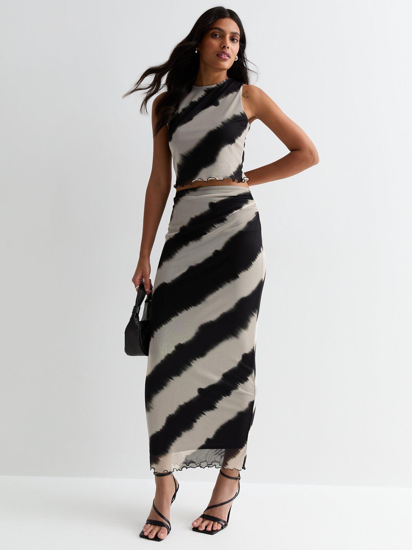 New Look Black Diagonal Stripe Mesh Midi Skirt Very