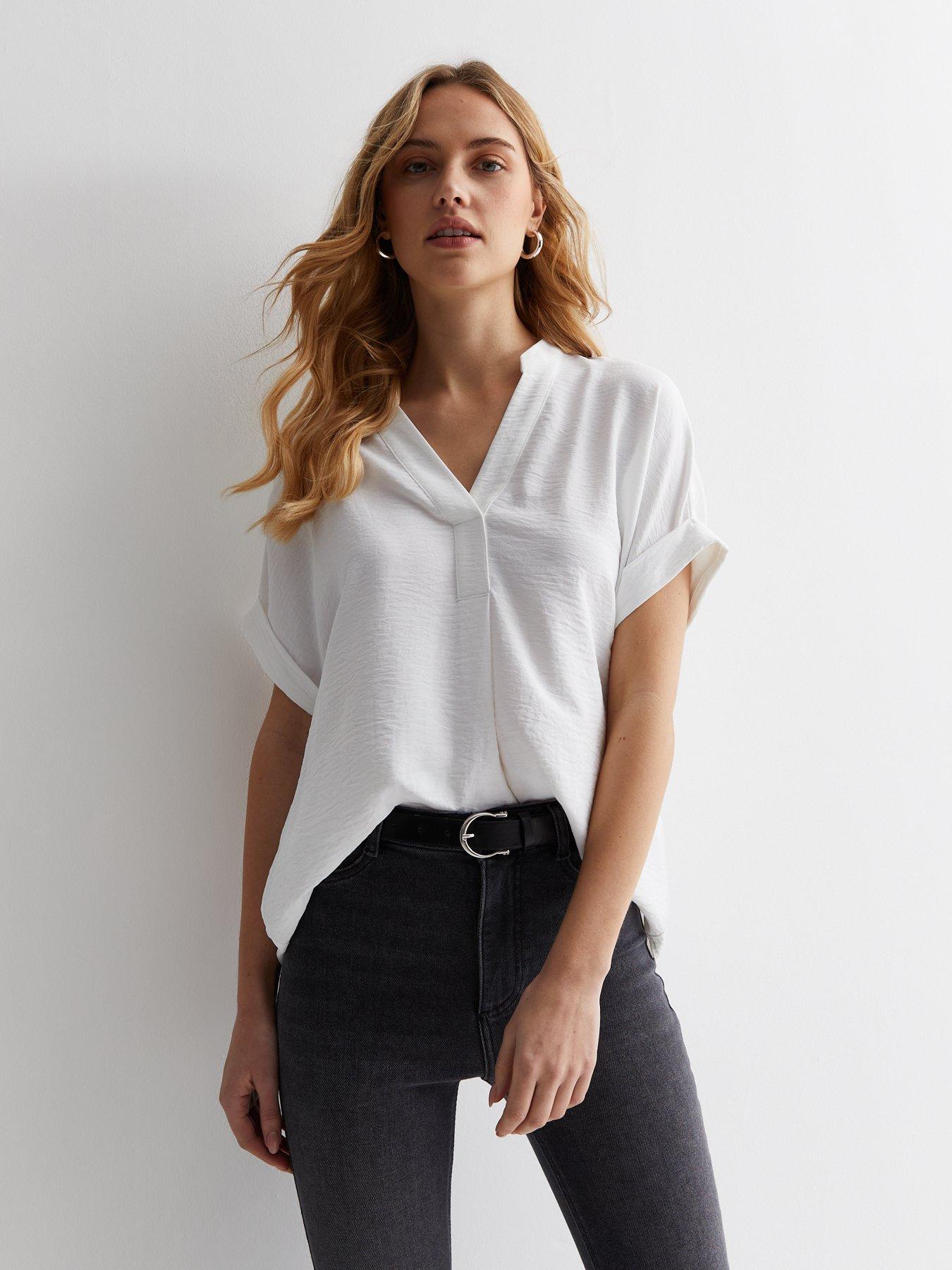 Plunging Neck Rolled-Up Sleeve Blouse  Women shirts blouse, Women, V neck  blouse