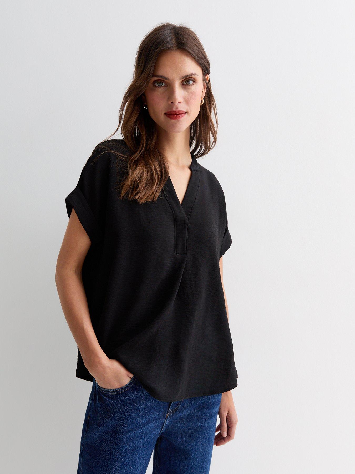 New Look V Neck Roll Sleeve Top Black Very