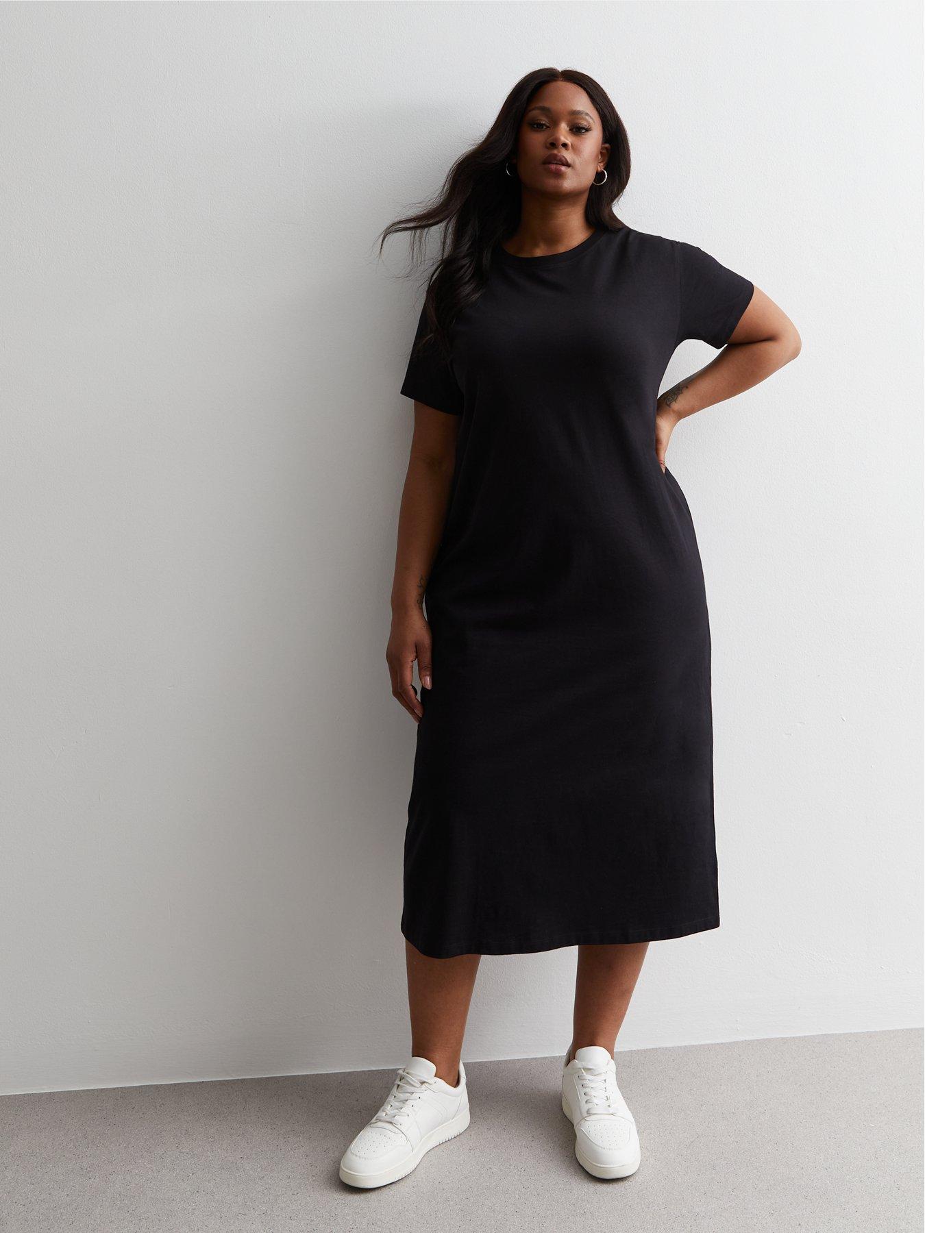 Curves Black Cotton Midaxi T shirt Dress