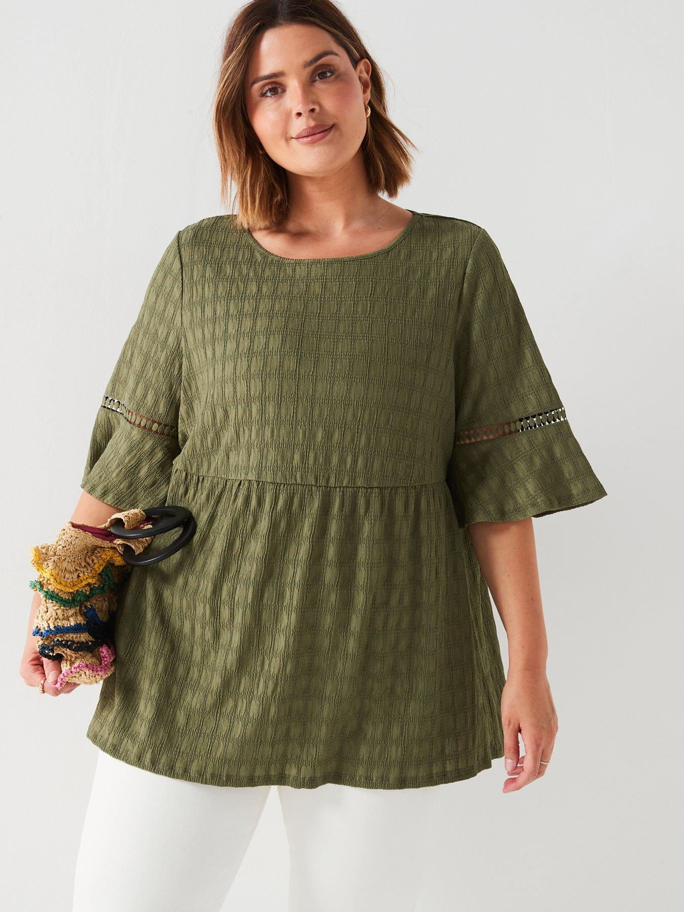Lace Round Neck Peplum Top Khaki