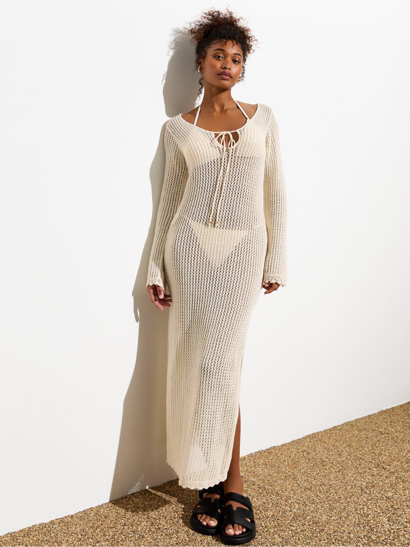 Cream Crochet Knit Long Sleeve Split Hem Maxi Dress