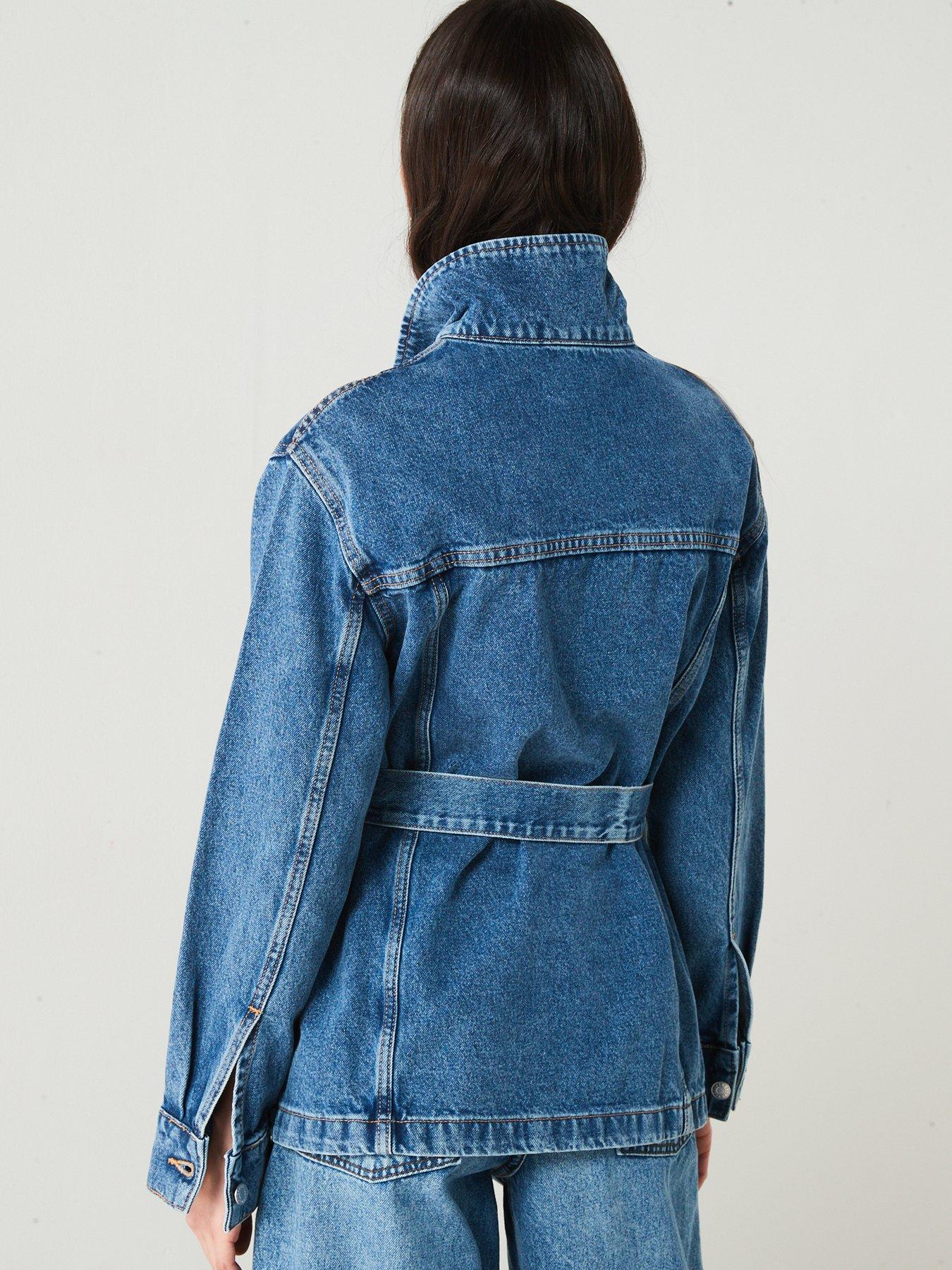 Long denim jacket with belt deals
