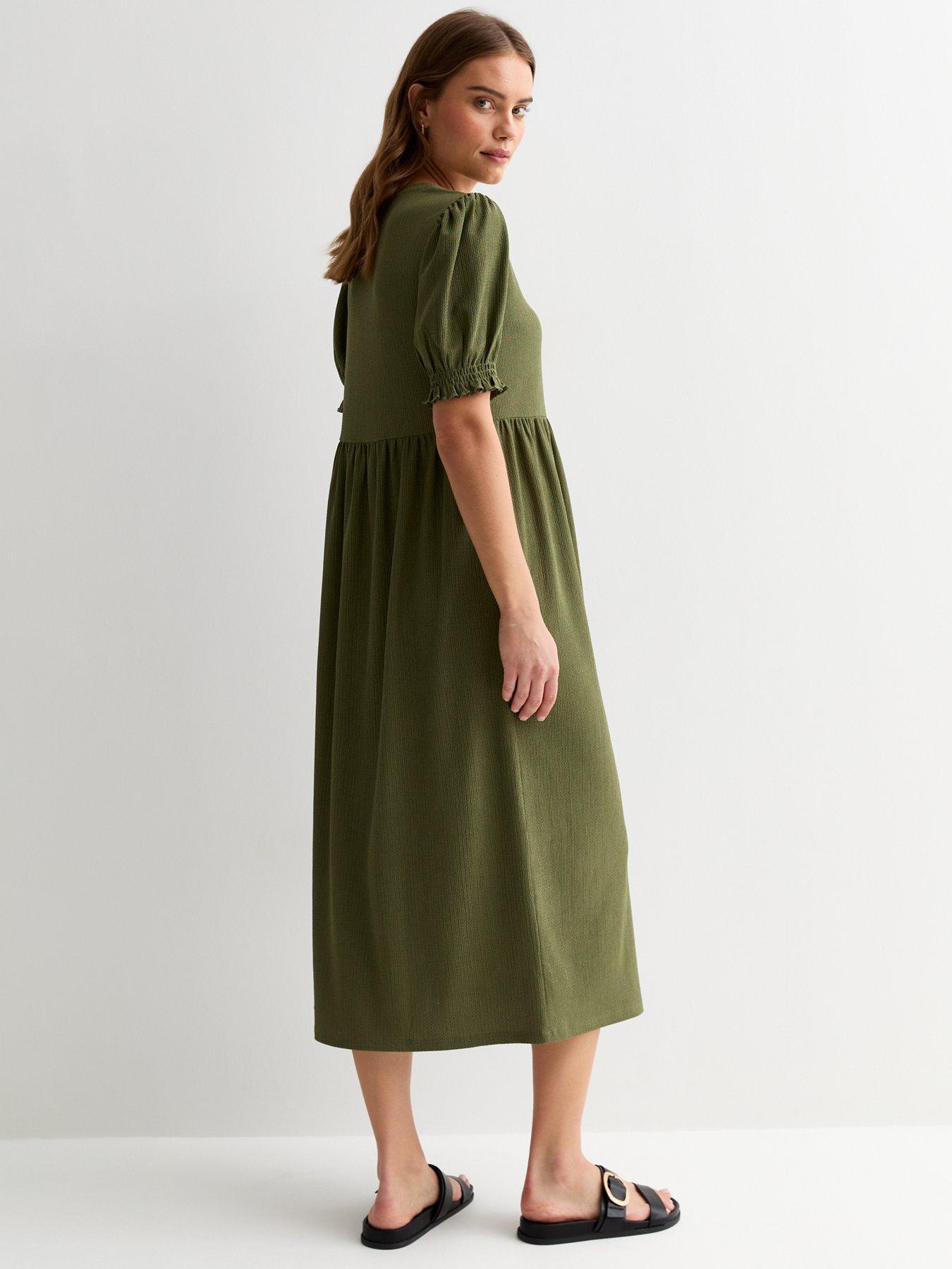 New Look Khaki Crinkle Short Sleeve Midi Smock Dress | Very.co.uk