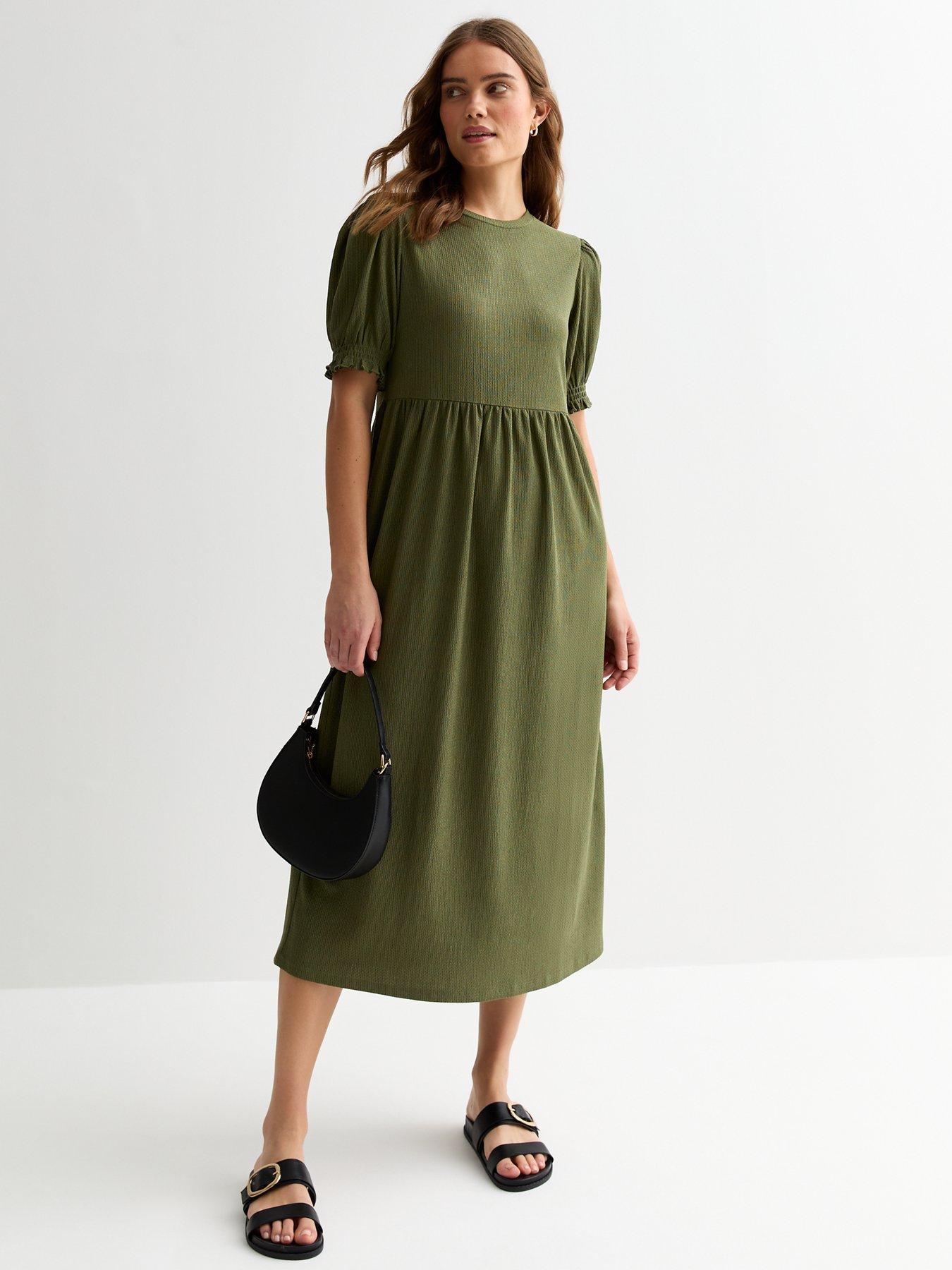 New Look Khaki Crinkle Short Sleeve Midi Smock Dress | Very.co.uk