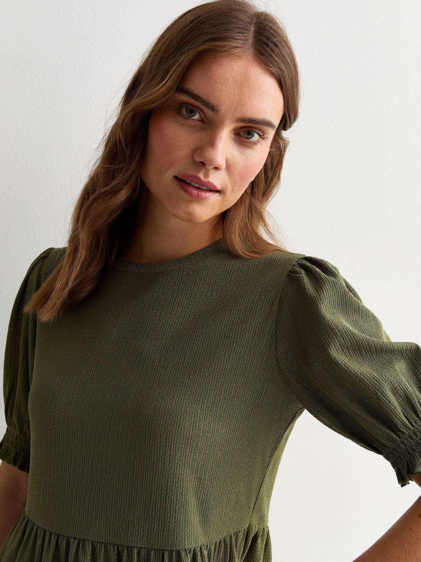 New Look Khaki Crinkle Short Sleeve Midi Smock Dress | Very.co.uk