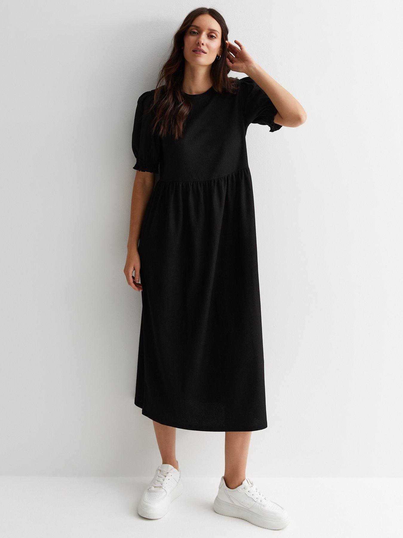 New Look Black Crinkle Short Sleeve Midi Smock Dress Very