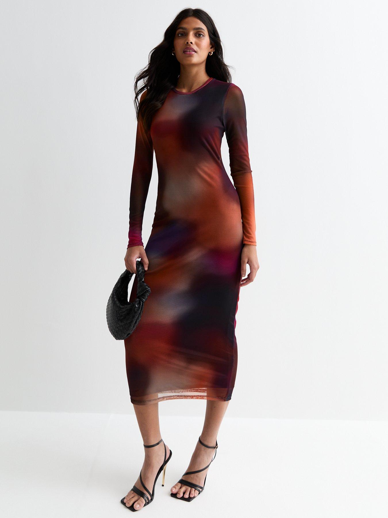 In The Style Perrie Sian Tie Dye Mesh Ruched Long Sleeve Mid Dress