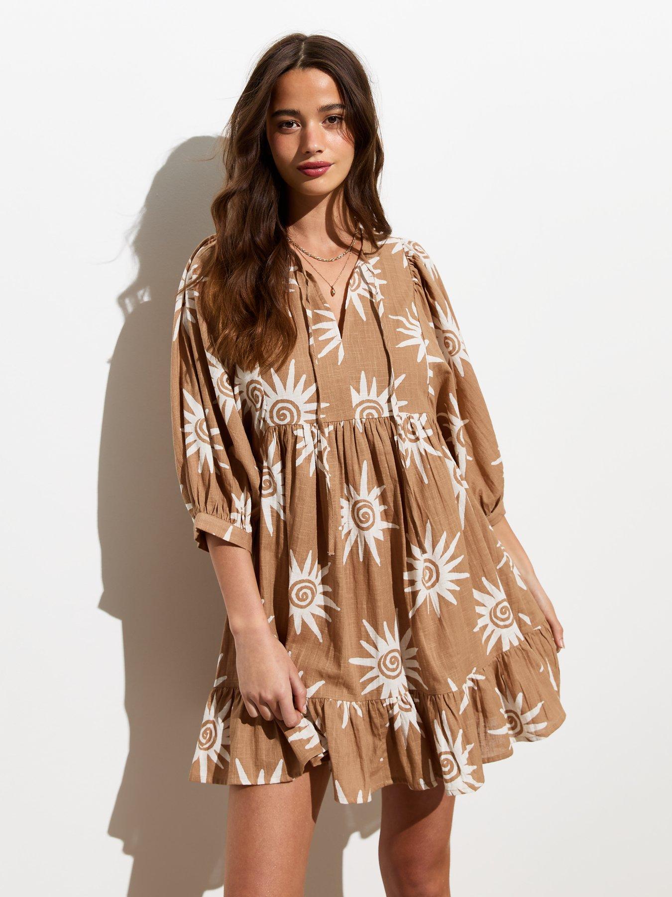 new-look-brown-sun-swirl-print-smock-mini-dress