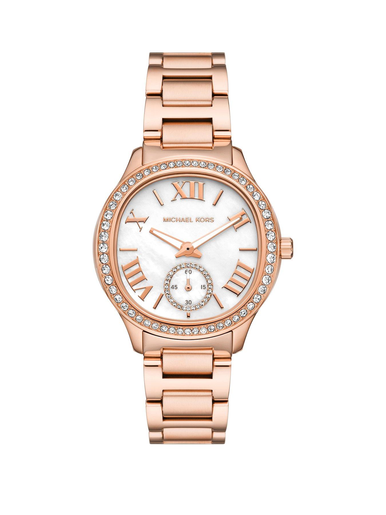 Product photograph of Michael Kors Sage Three-hand Rose Gold-tone Stainless Steel Watch from very.co.uk