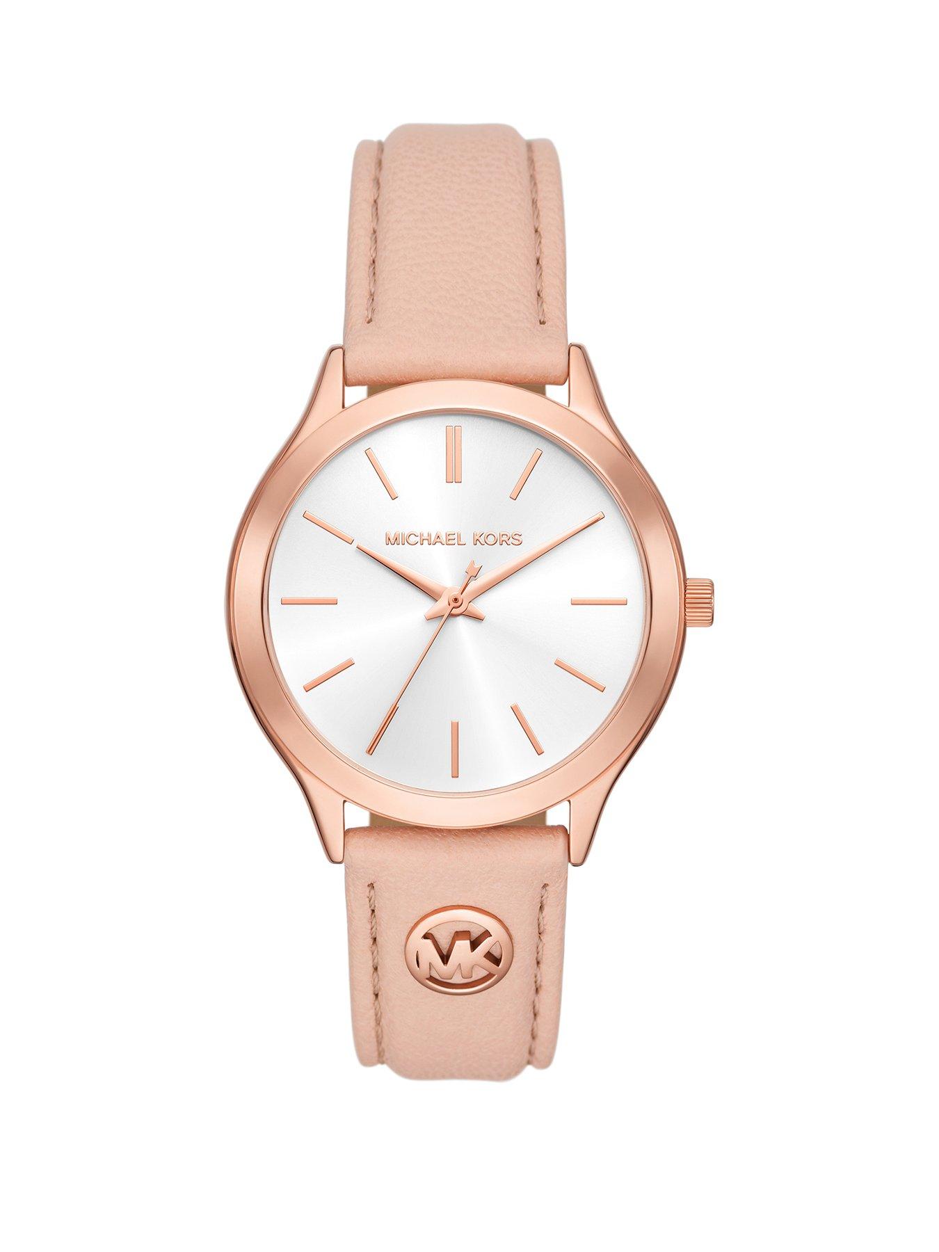 Product photograph of Michael Kors Slim Runway Three-hand Blush Leather Watch from very.co.uk