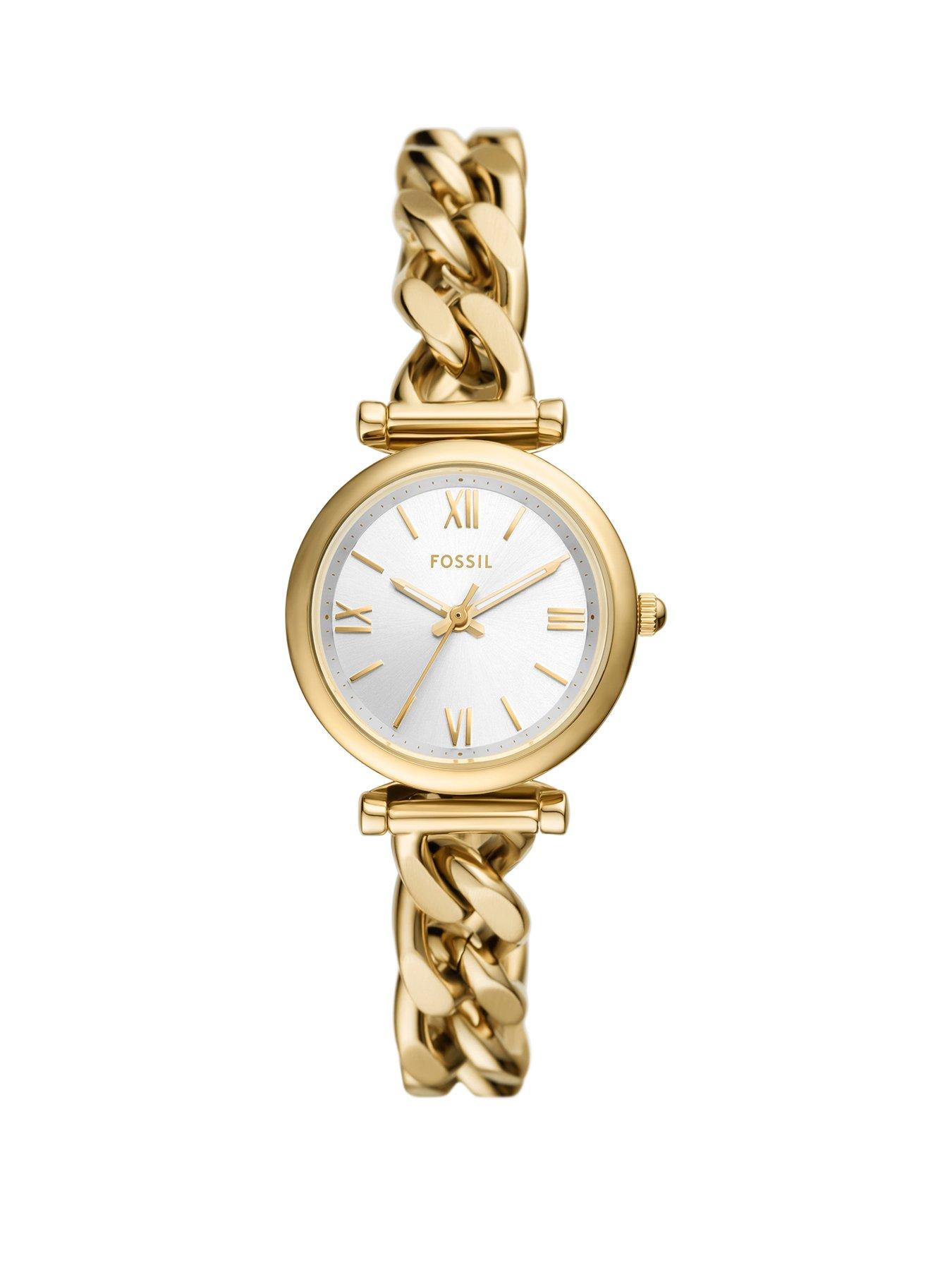 Product photograph of Fossil Carlie Three-hand Gold-tone Stainless Steel Watch from very.co.uk