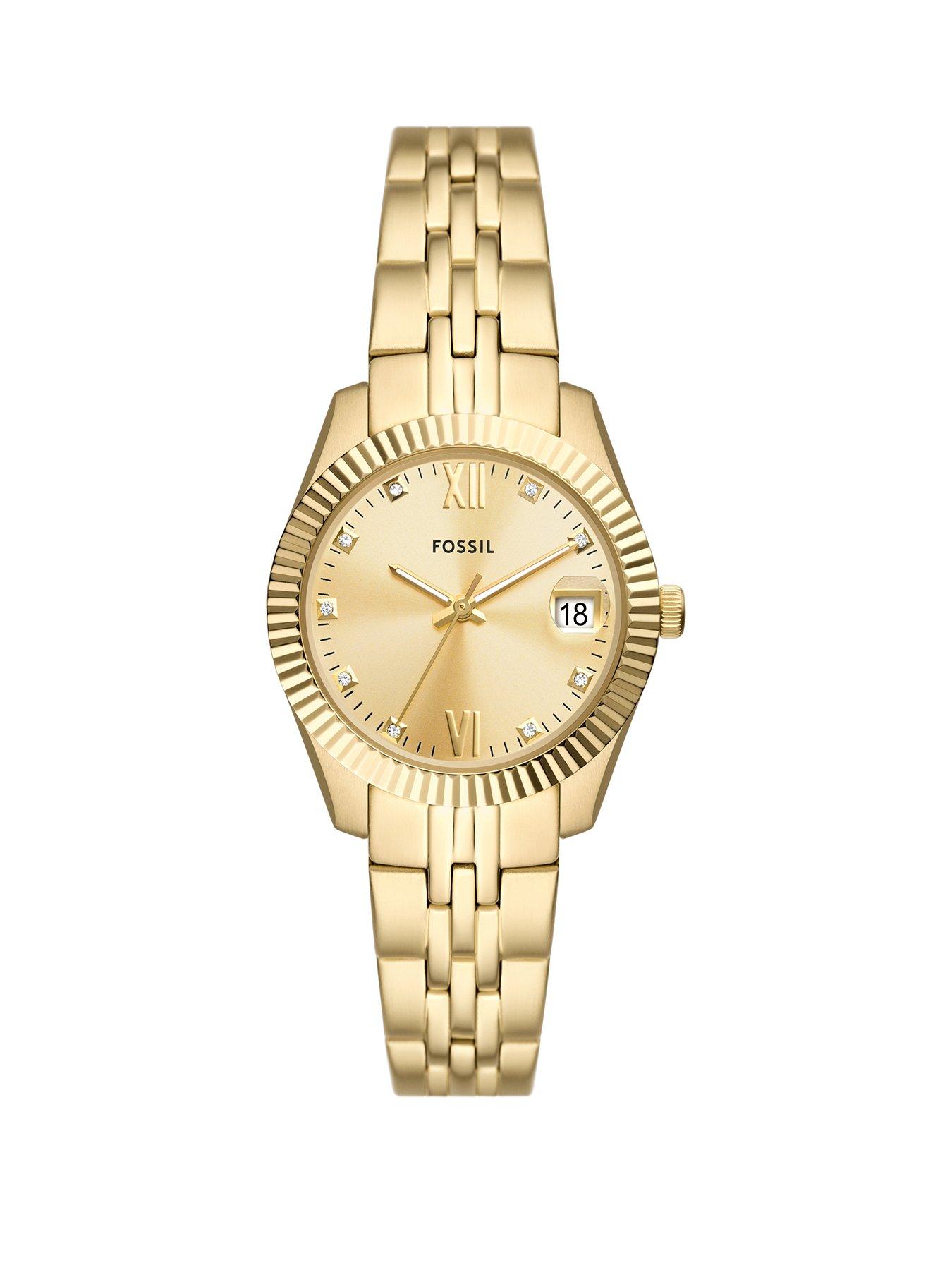 Product photograph of Fossil Scarlette Three-hand Date Gold-tone Stainless Steel Watch from very.co.uk