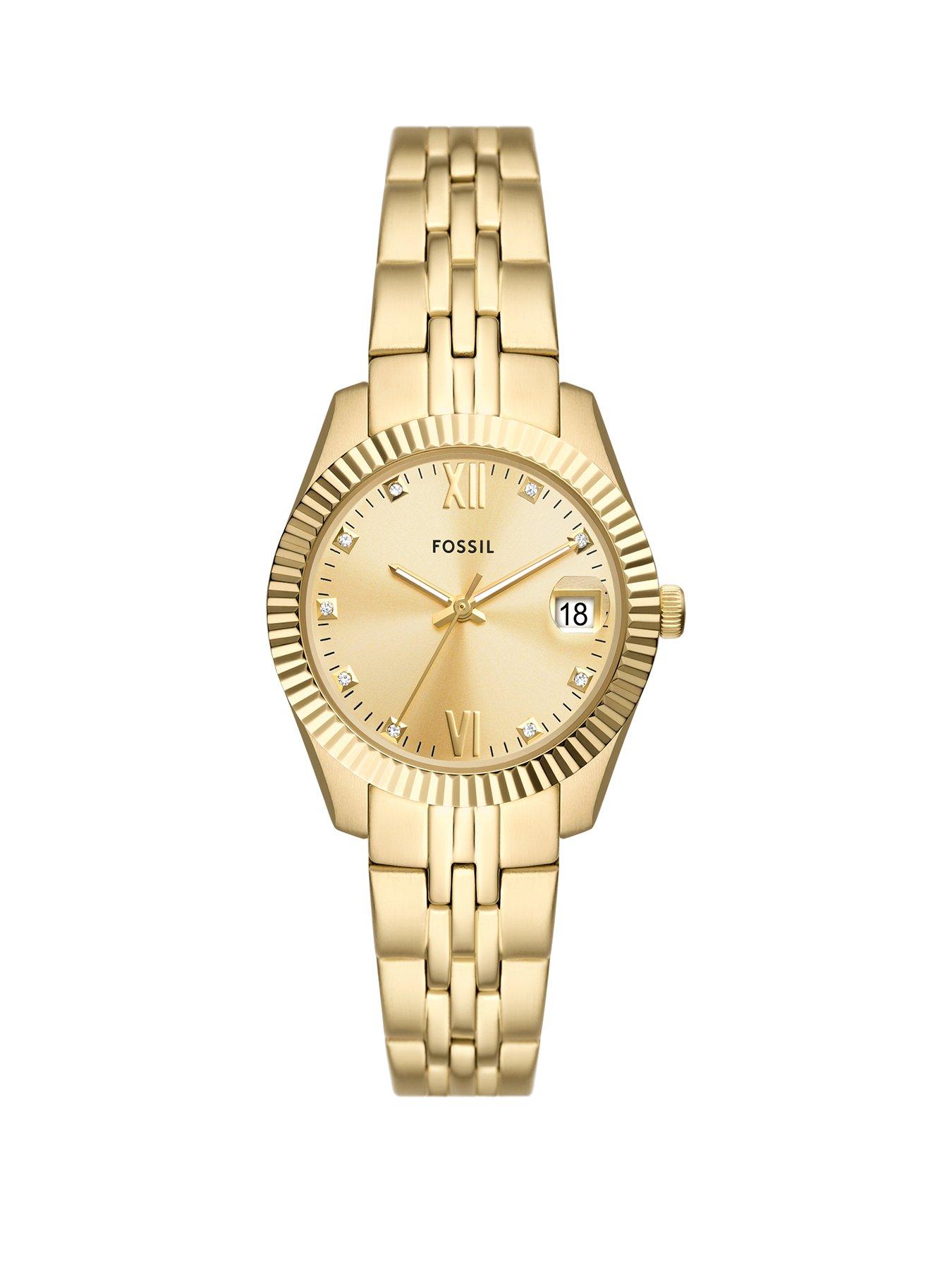 Product photograph of Fossil Scarlette 3-hand Date Gold-tone Stainless Steel Watch from very.co.uk