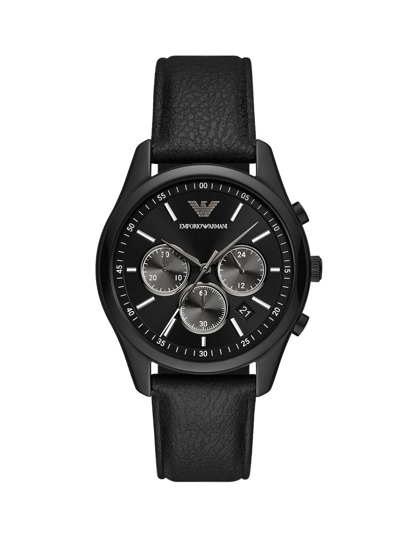 Product photograph of Emporio Armani Chronograph Black Leather Watch from very.co.uk