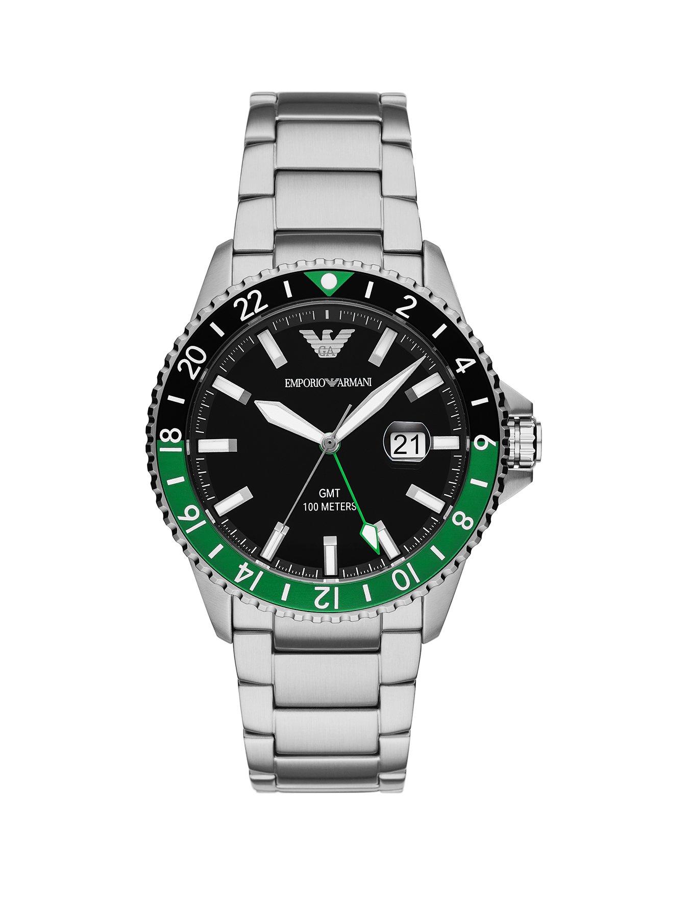 Product photograph of Emporio Armani Gmt Dual Time Stainless Steel Watch from very.co.uk