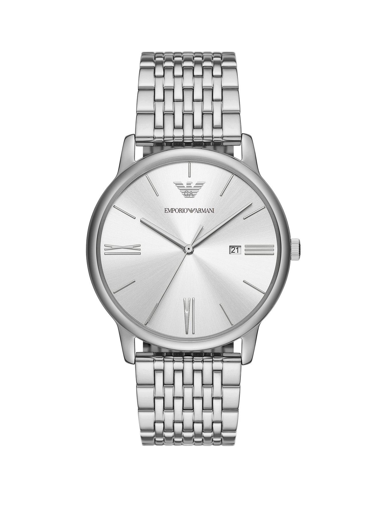 Product photograph of Emporio Armani Three-hand Date Stainless Steel Watch from very.co.uk
