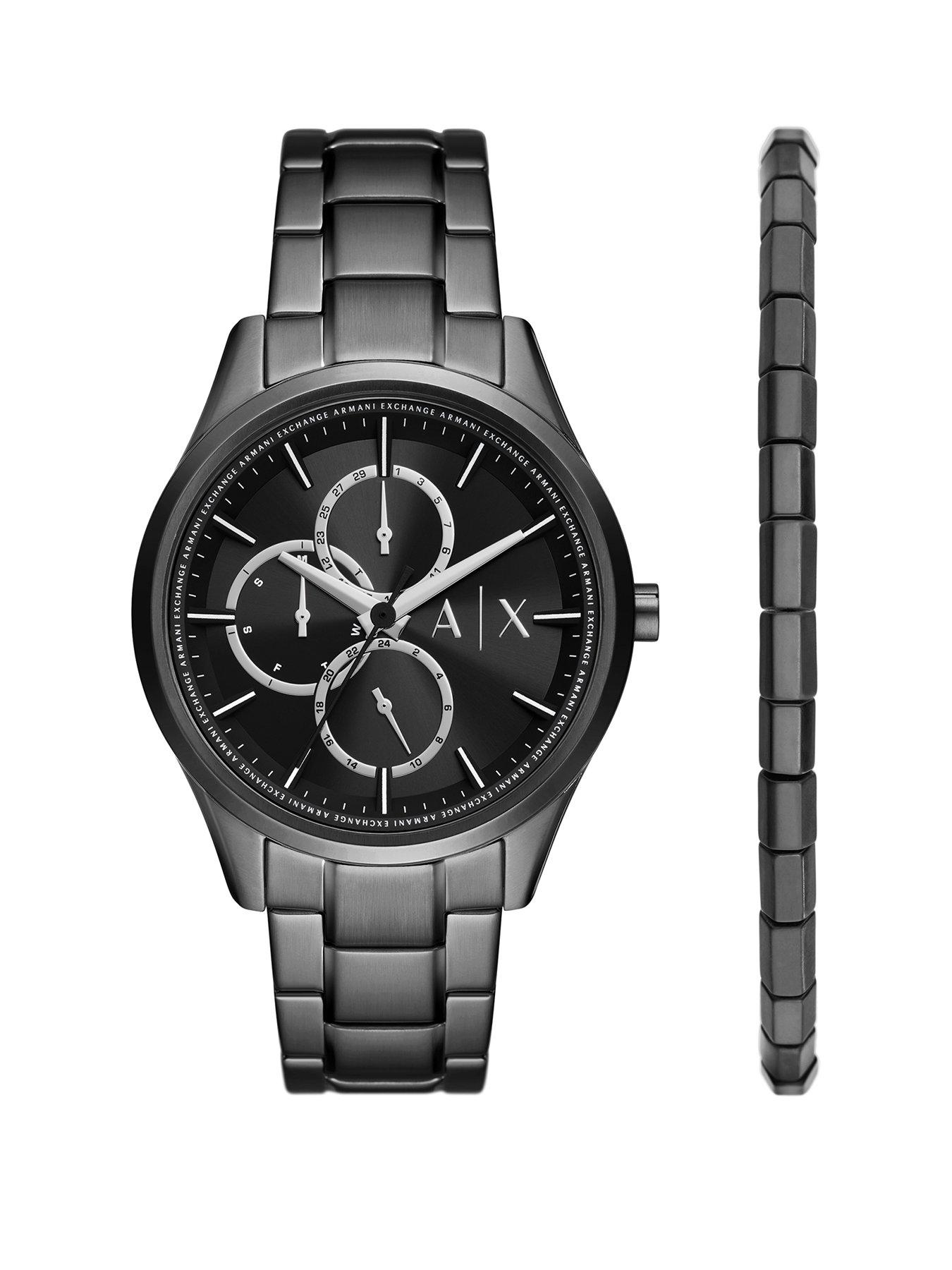 Product photograph of Armani Exchange Multifunction Black Stainless Steel Watch And Bracelet Set from very.co.uk
