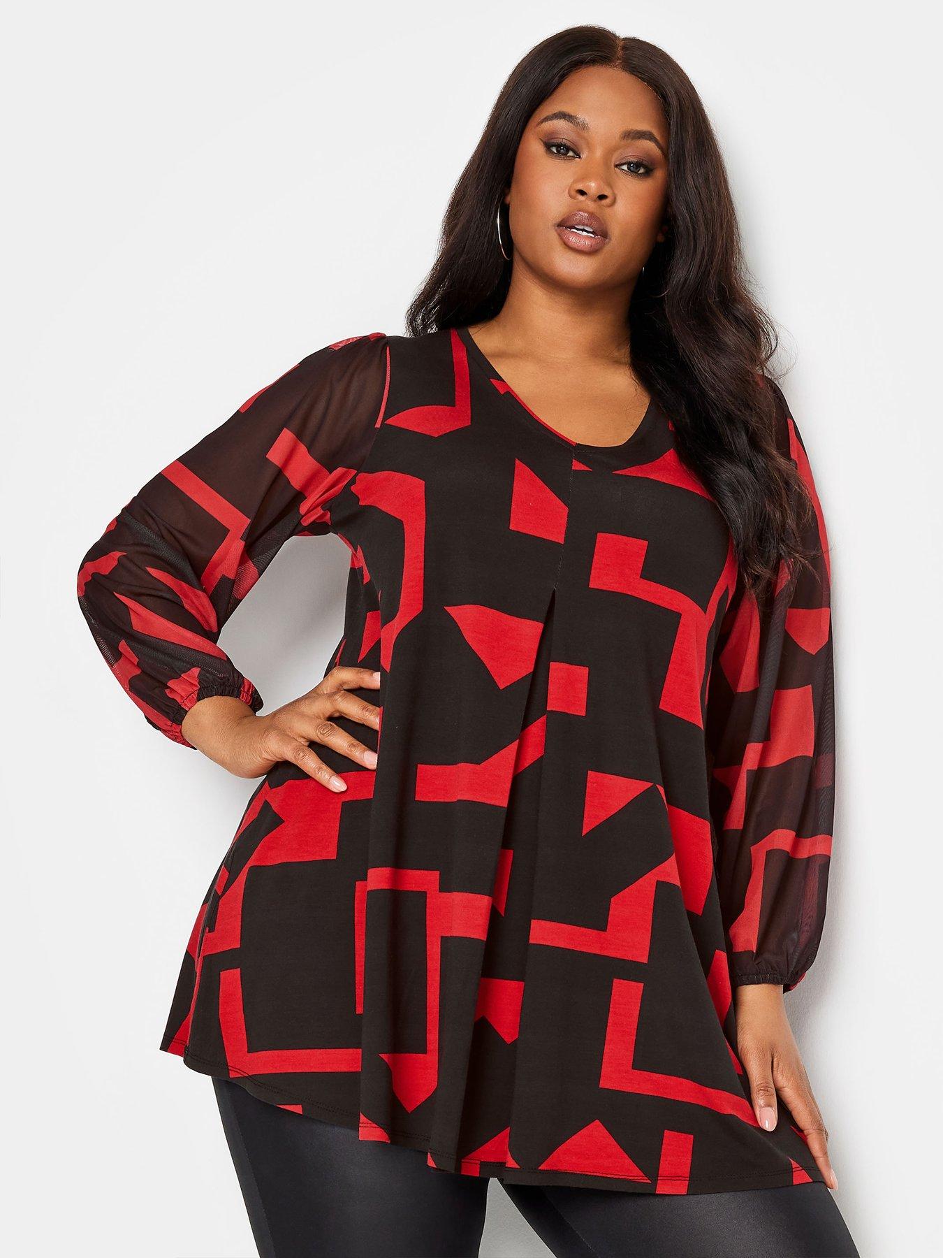 Yours Curve Geometric Print Mesh Sleeve Pleated Swing Top - Red