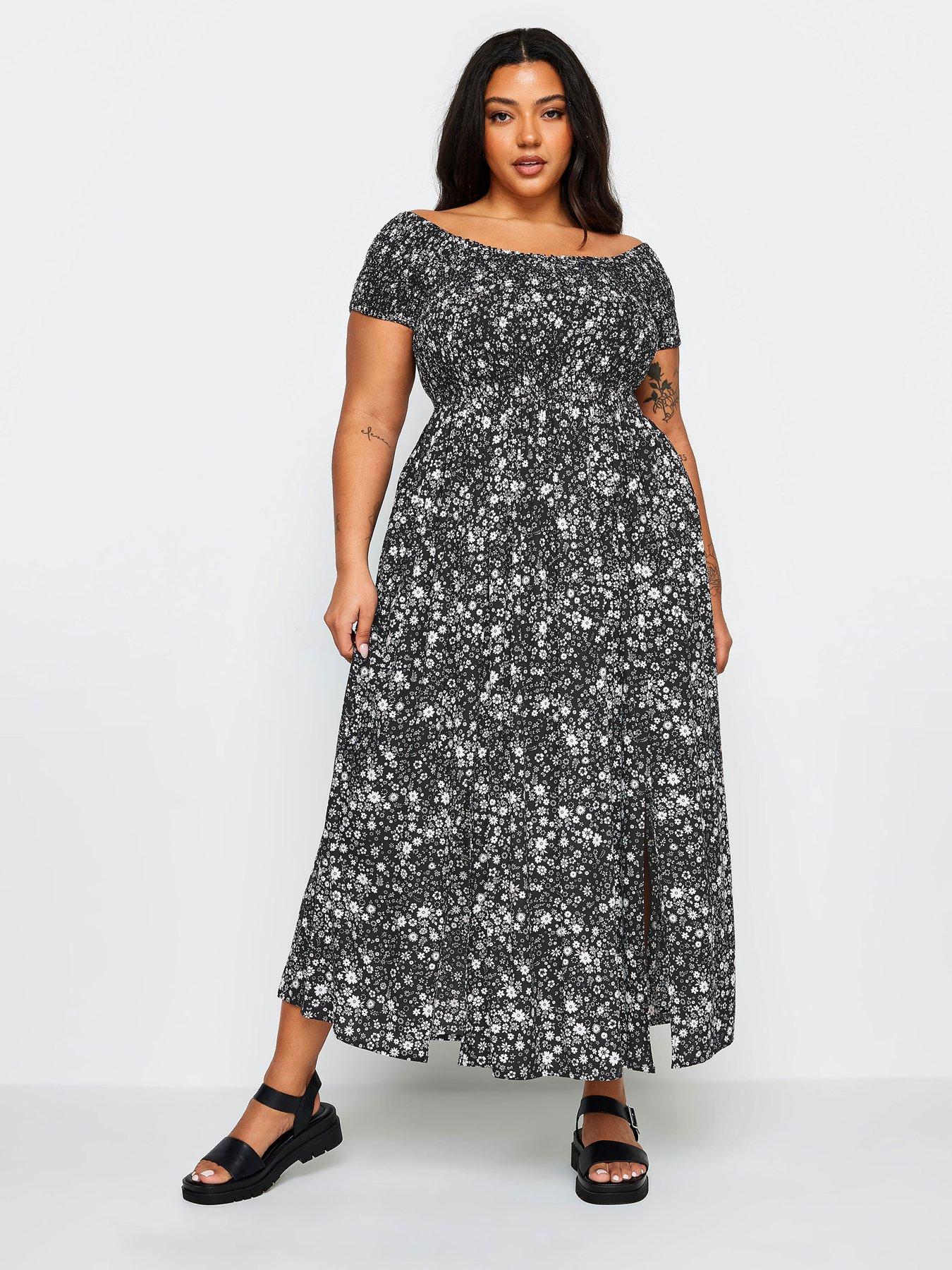 Yours Curve Shirred Bardot Maxi Dress Mono Ditsy | Very.co.uk