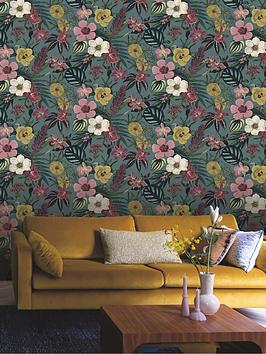 Product photograph of Rasch Priya Floral Wallpaper In Petrol from very.co.uk