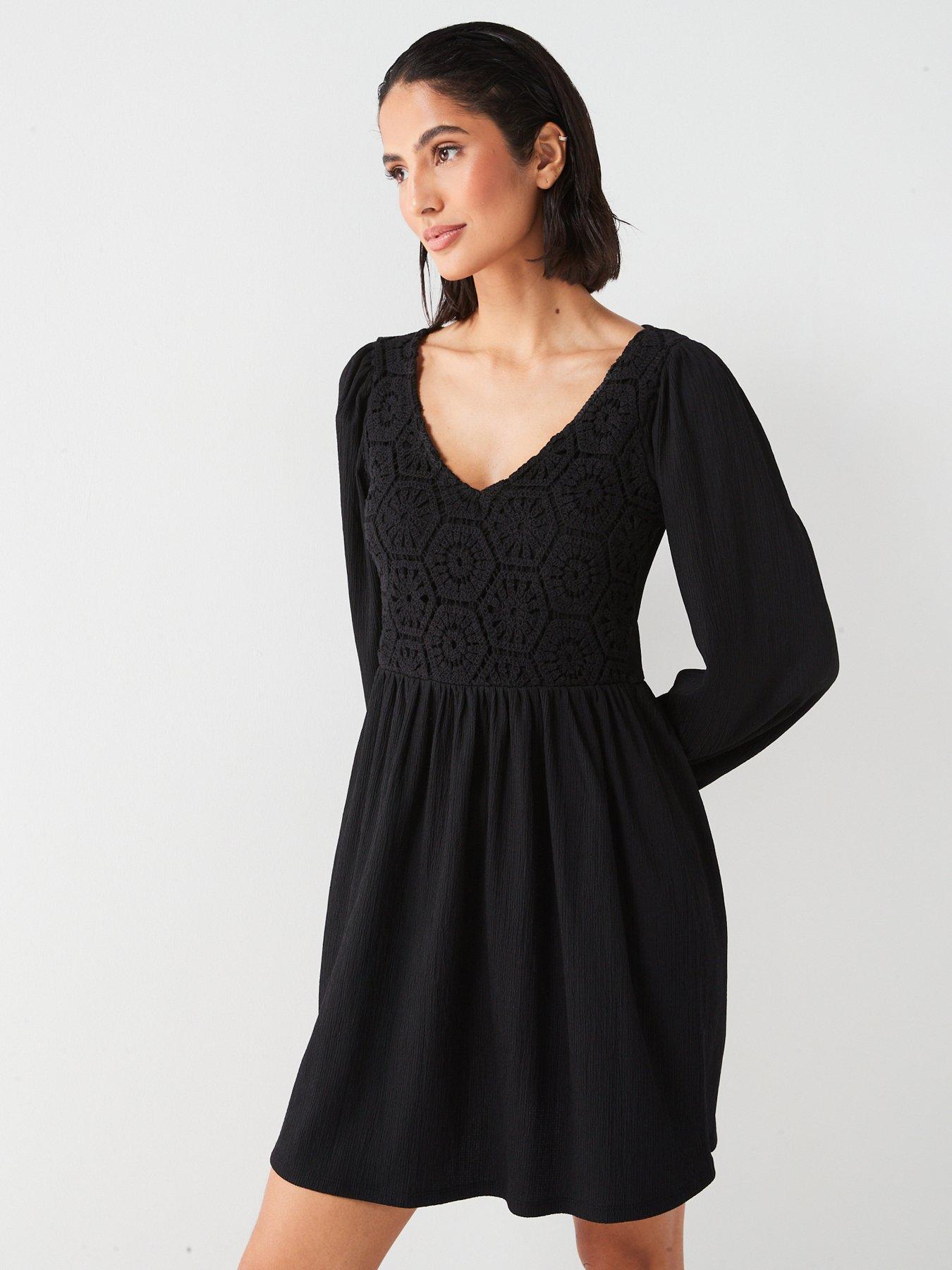 V by Very Crochet Balloon Sleeve Mini Dress - Black | Very.co.uk