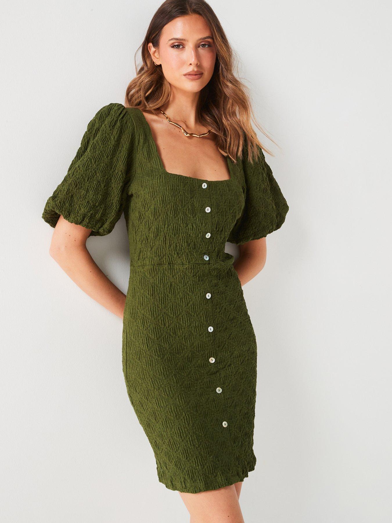 undefined Square Neck Puff Sleeve Mini Dress - Khaki