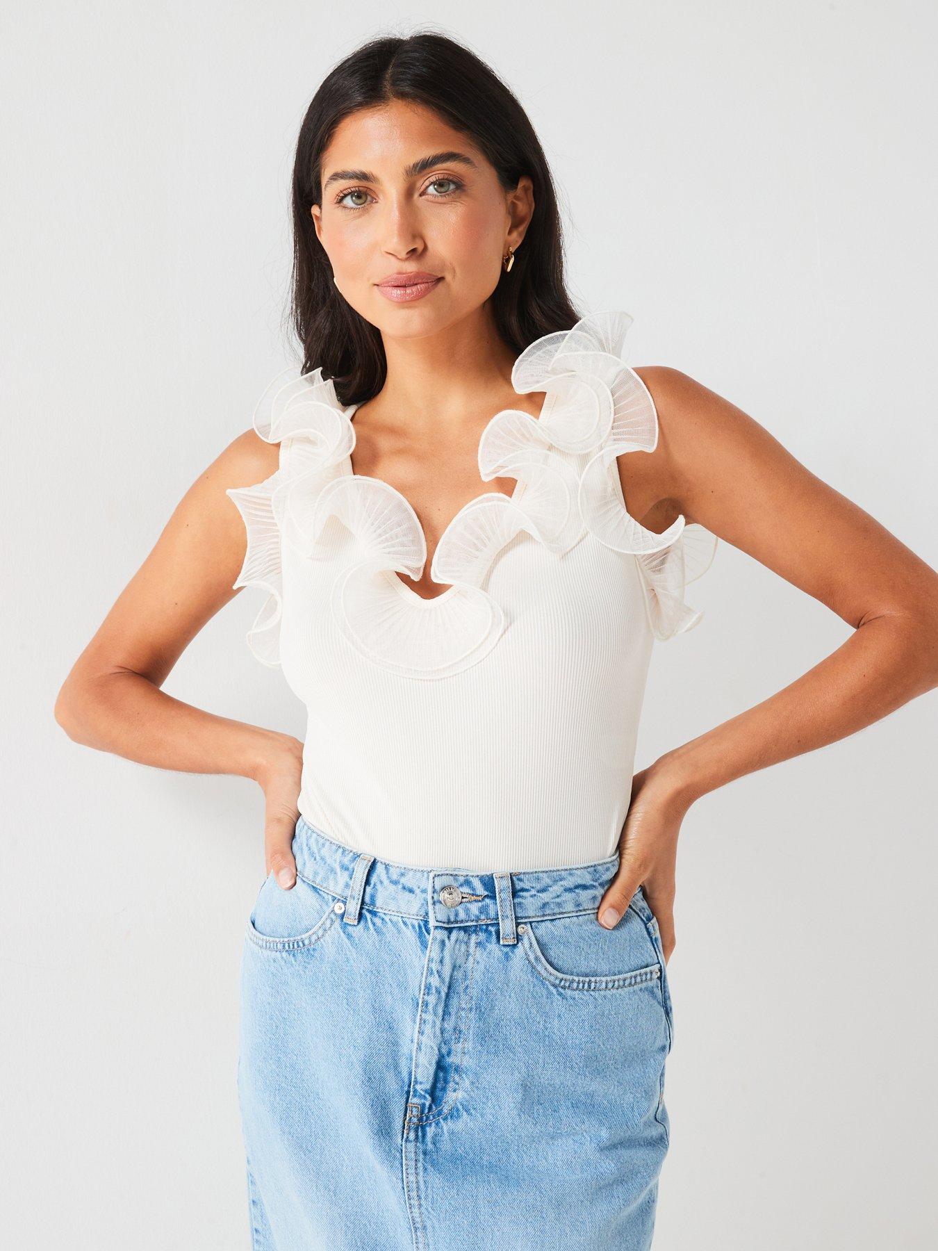 Image 1 of 6 of V by Very Mesh Frill Shoulder Bodysuit - White