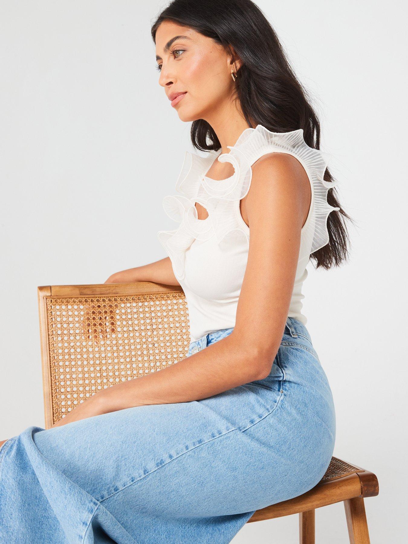Image 4 of 6 of V by Very Mesh Frill Shoulder Bodysuit - White