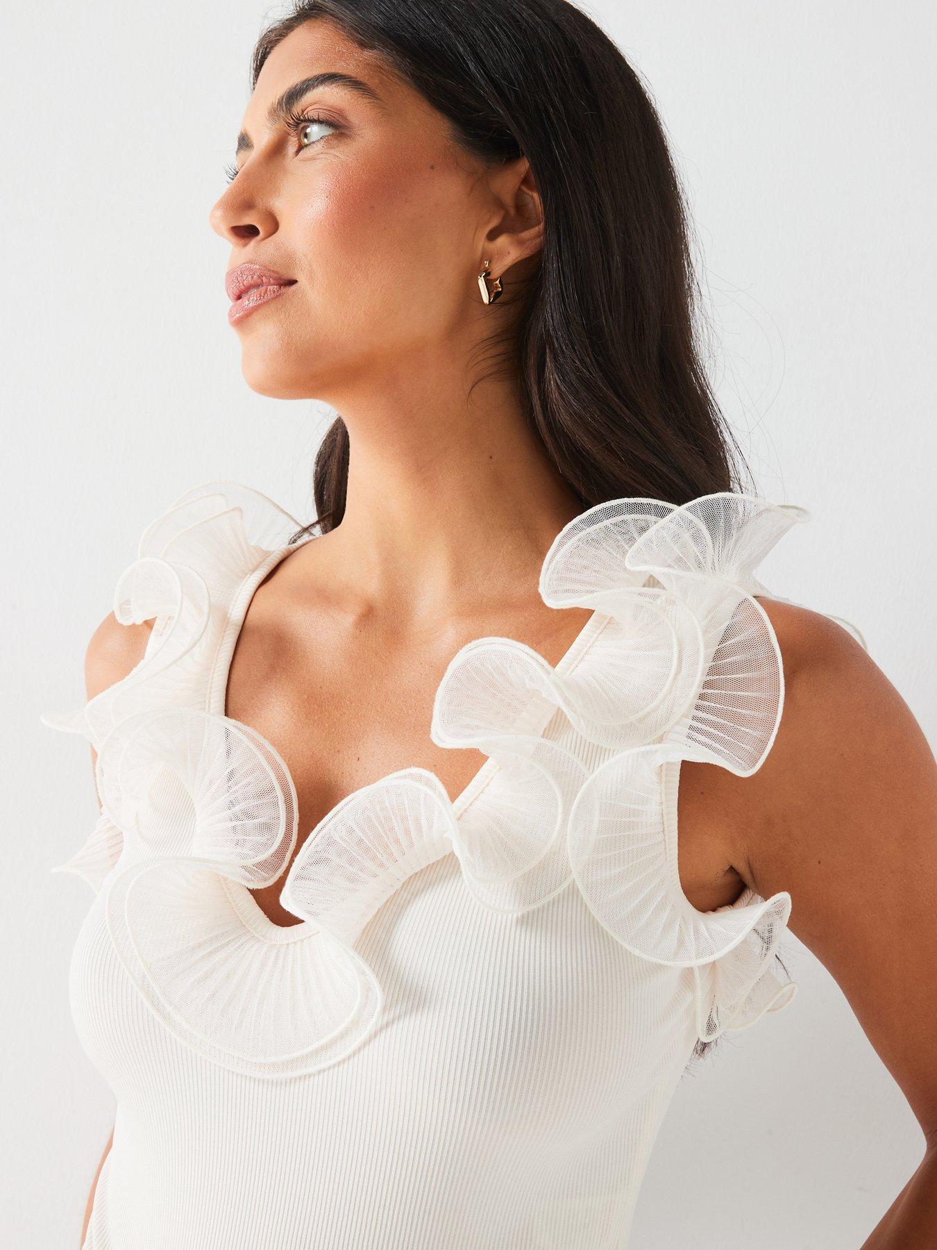 Image 5 of 6 of V by Very Mesh Frill Shoulder Bodysuit - White