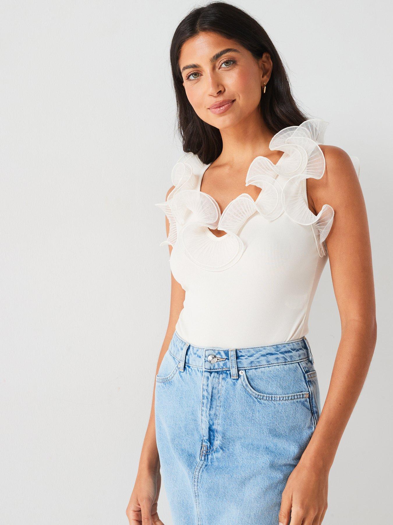 Image 6 of 6 of V by Very Mesh Frill Shoulder Bodysuit - White