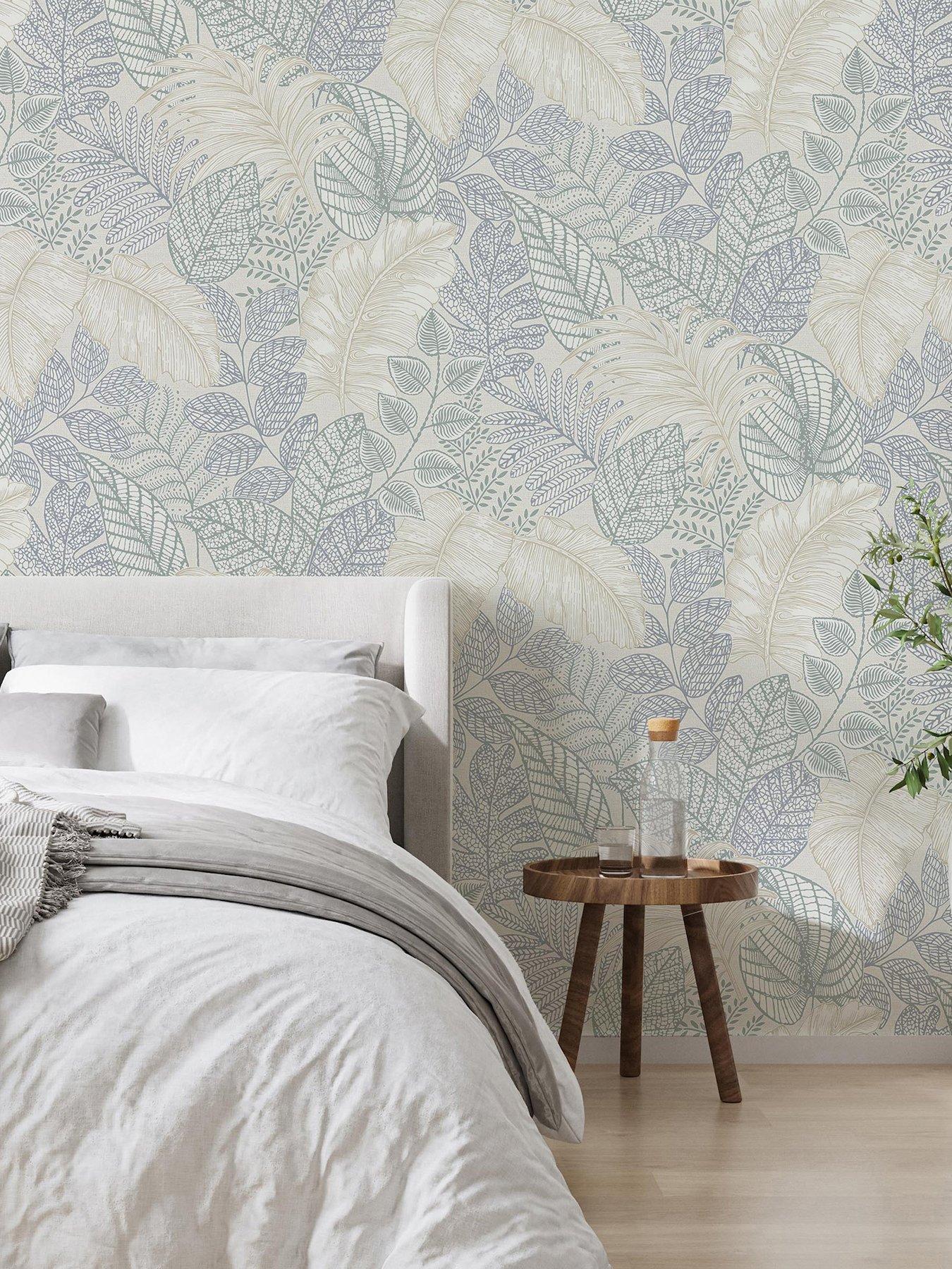 undefined Scattered Leaves Blue Green Wallpaper